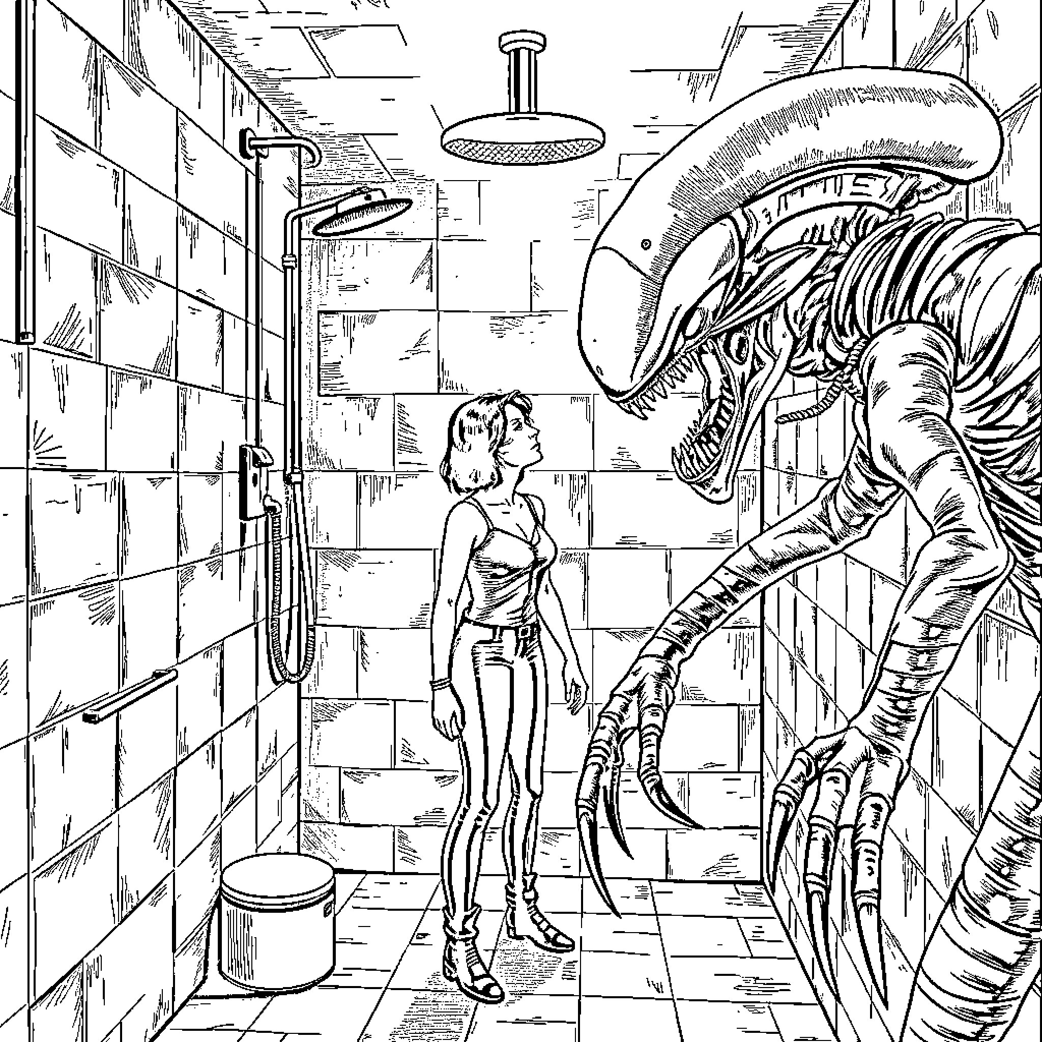 Ellen Ripley faces an alien threat in a stark industrial setting Coloring Page (free black-and-white line drawing printable PDF for all, from beginners to advanced learners, including children, teens, adults, and seniors)