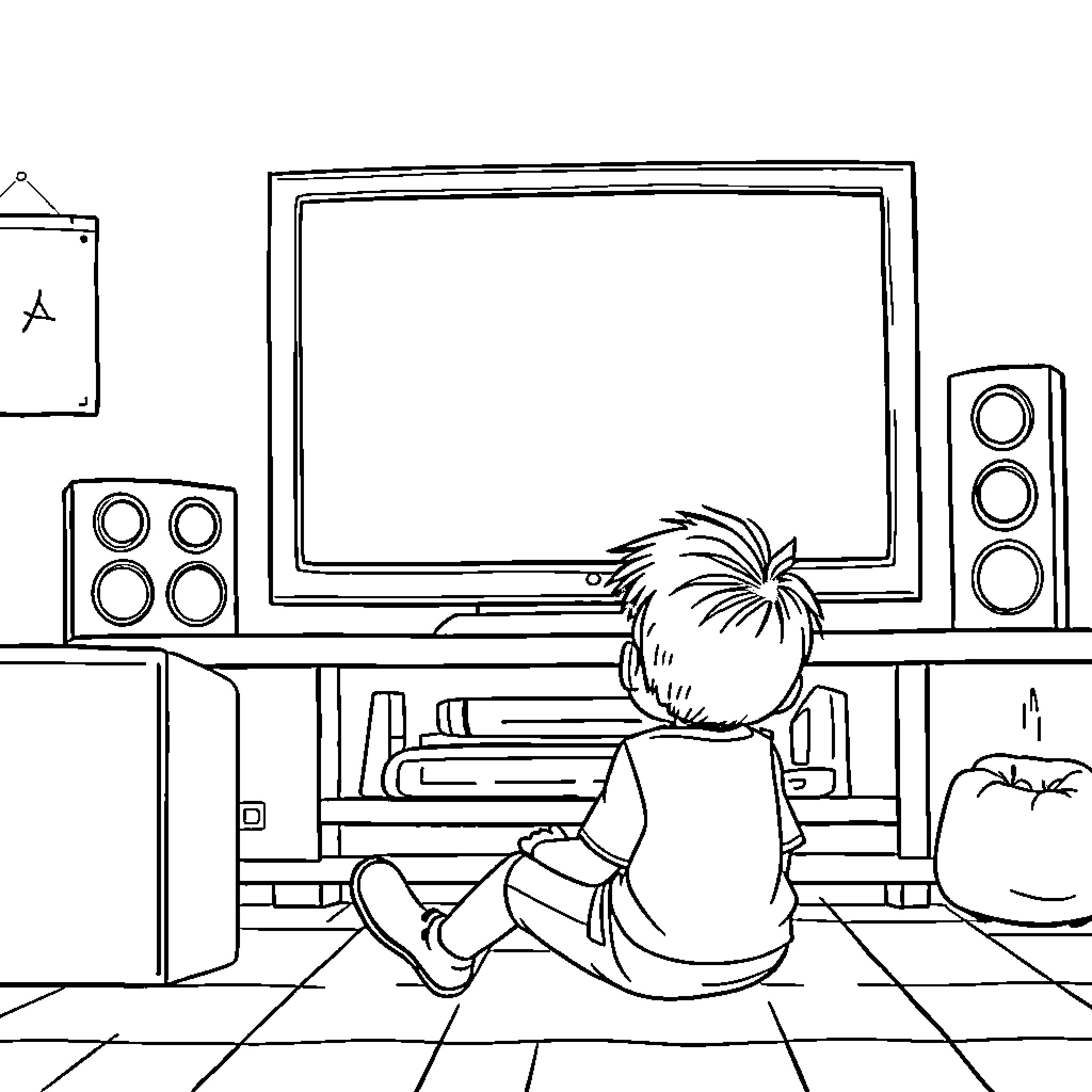 Kid relaxing in front of entertainment system Coloring Page (free black-and-white line drawing printable PDF for all, from beginners to advanced learners, including children, teens, adults, and seniors)
