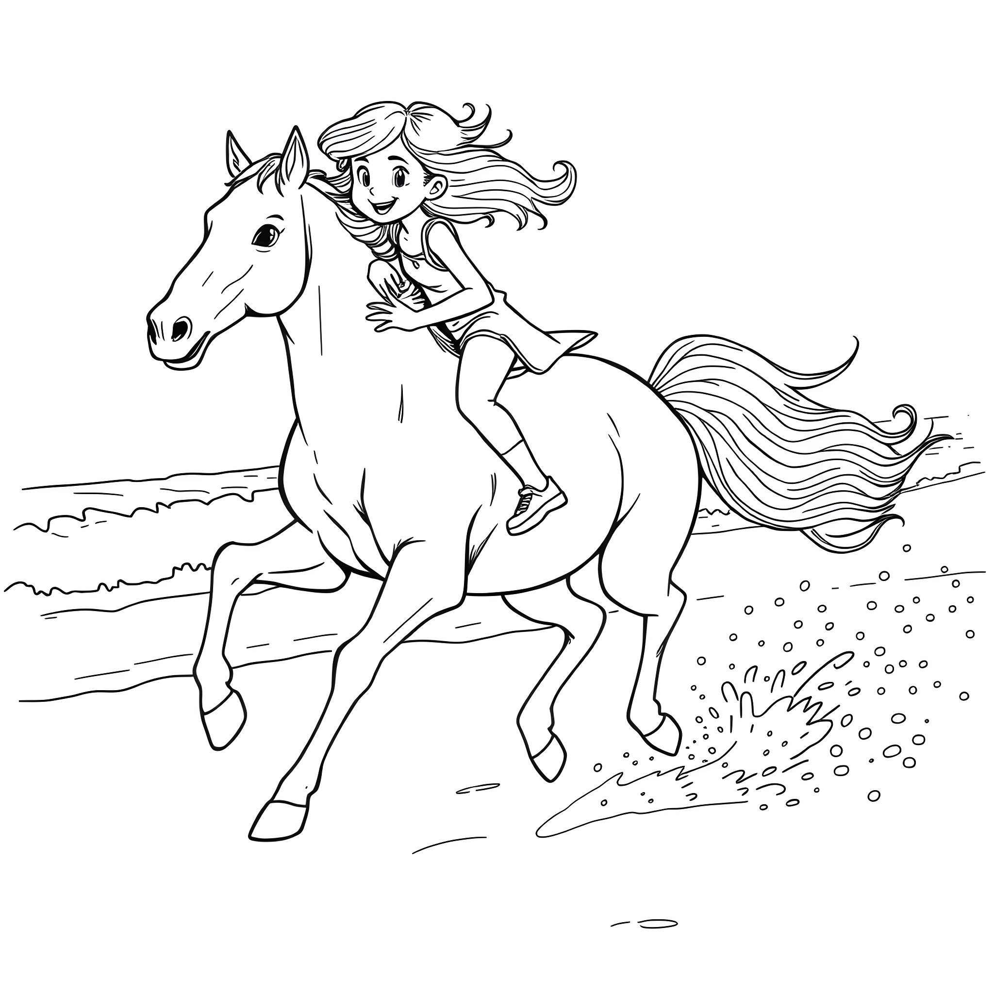 Horse and Girl Riding Happily in the Field Coloring Page (free black-and-white line drawing printable PDF for all, from beginners to advanced learners, including children, teens, adults, and seniors)