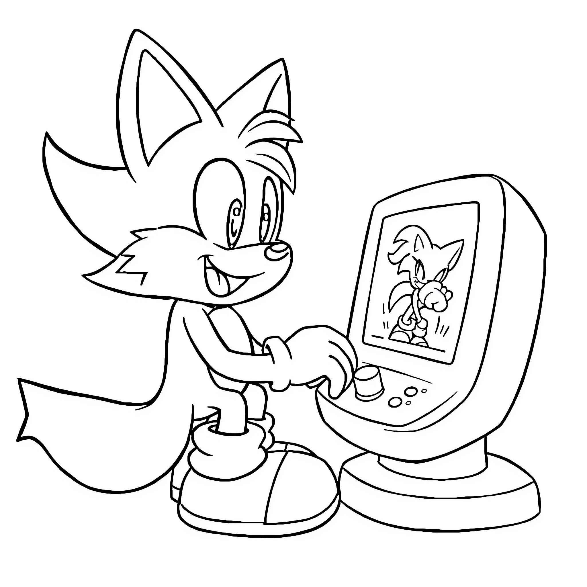 Tails playing with video game console Coloring Page (free black-and-white line drawing printable PDF for all, from beginners to advanced learners, including children, teens, adults, and seniors)
