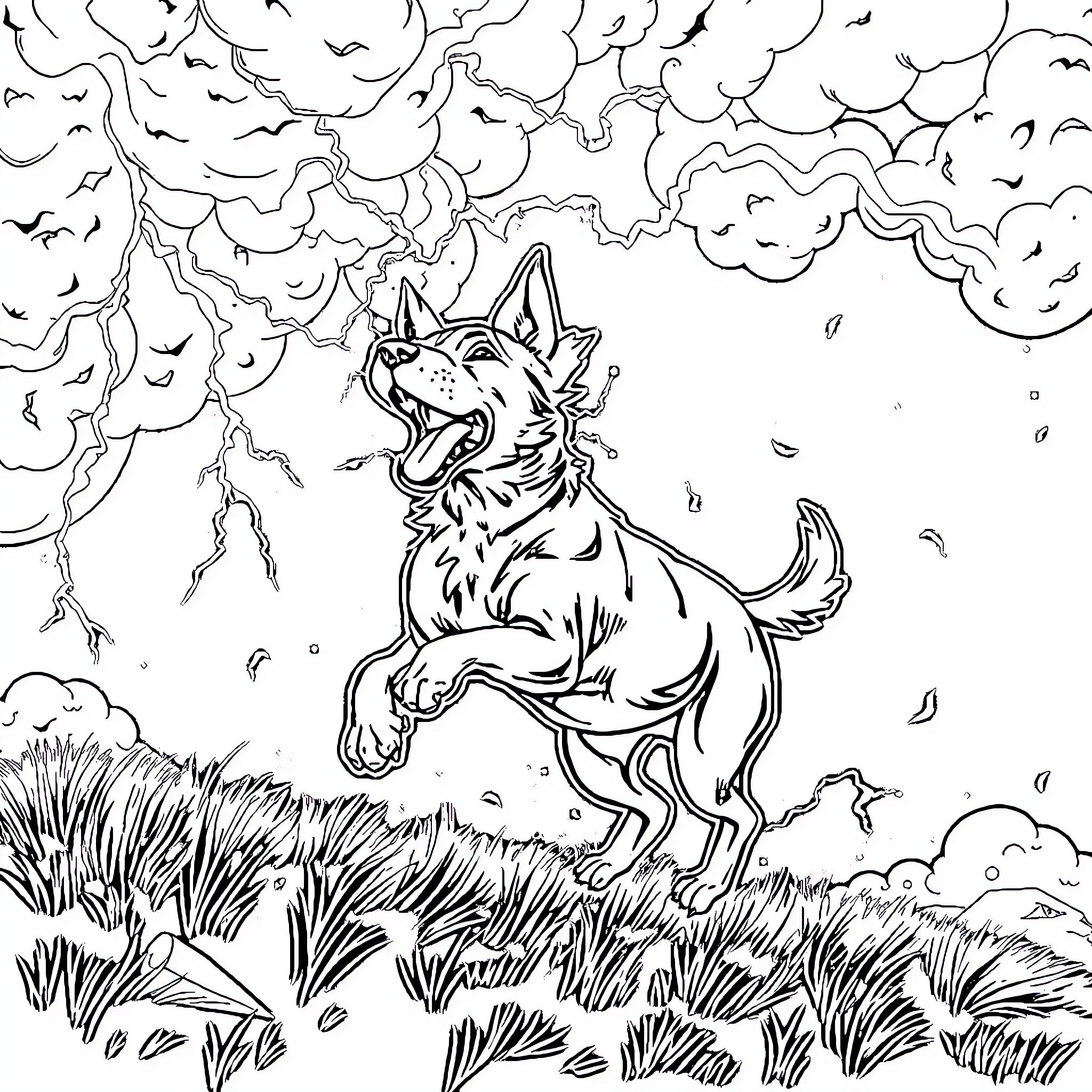Perro playing in the stormy field Coloring Page (free black-and-white line drawing printable PDF for all, from beginners to advanced learners, including children, teens, adults, and seniors)