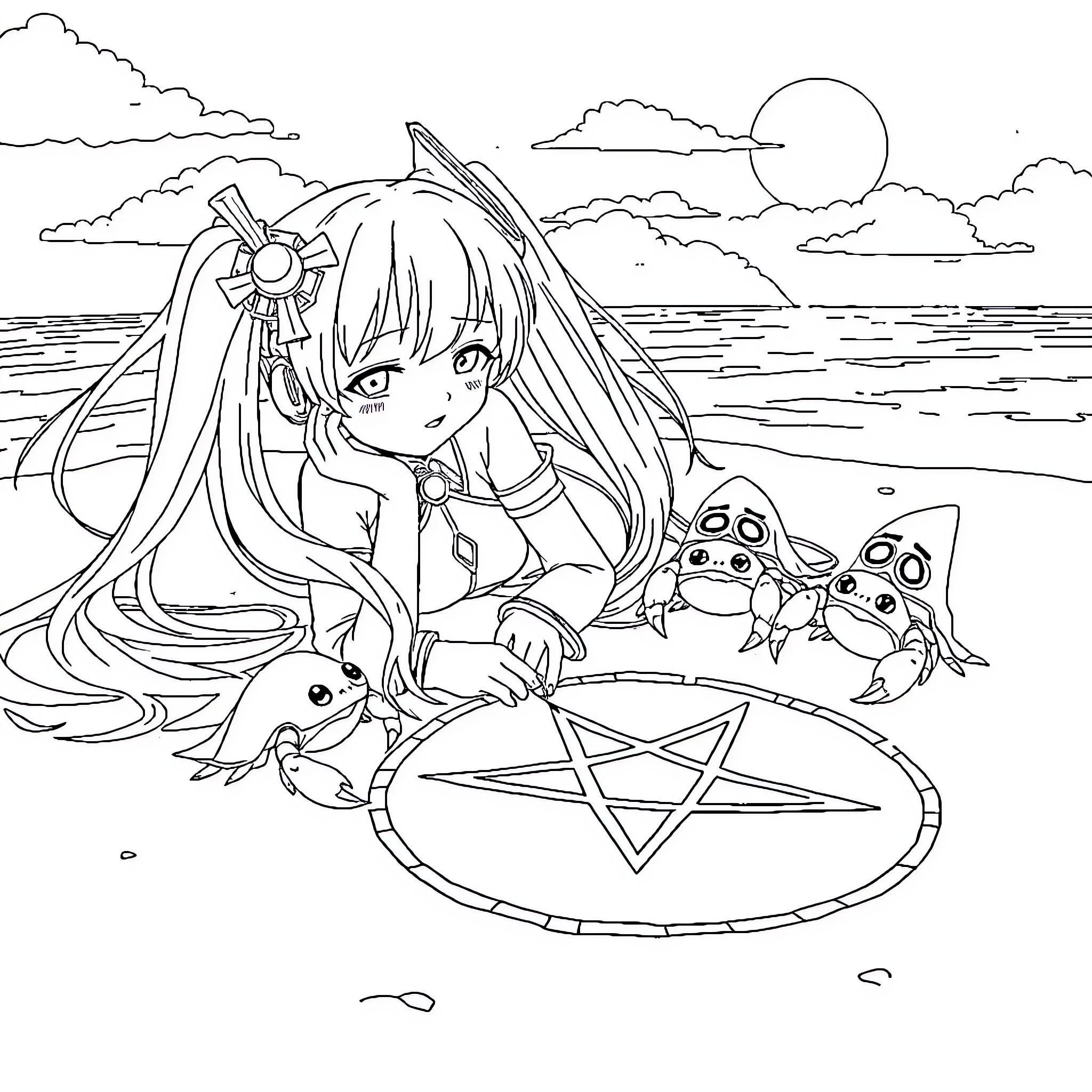 Hatsune Miku's Enchanting Aquatic Adventure Coloring Page (free black-and-white line drawing printable PDF for all, from beginners to advanced learners, including children, teens, adults, and seniors)