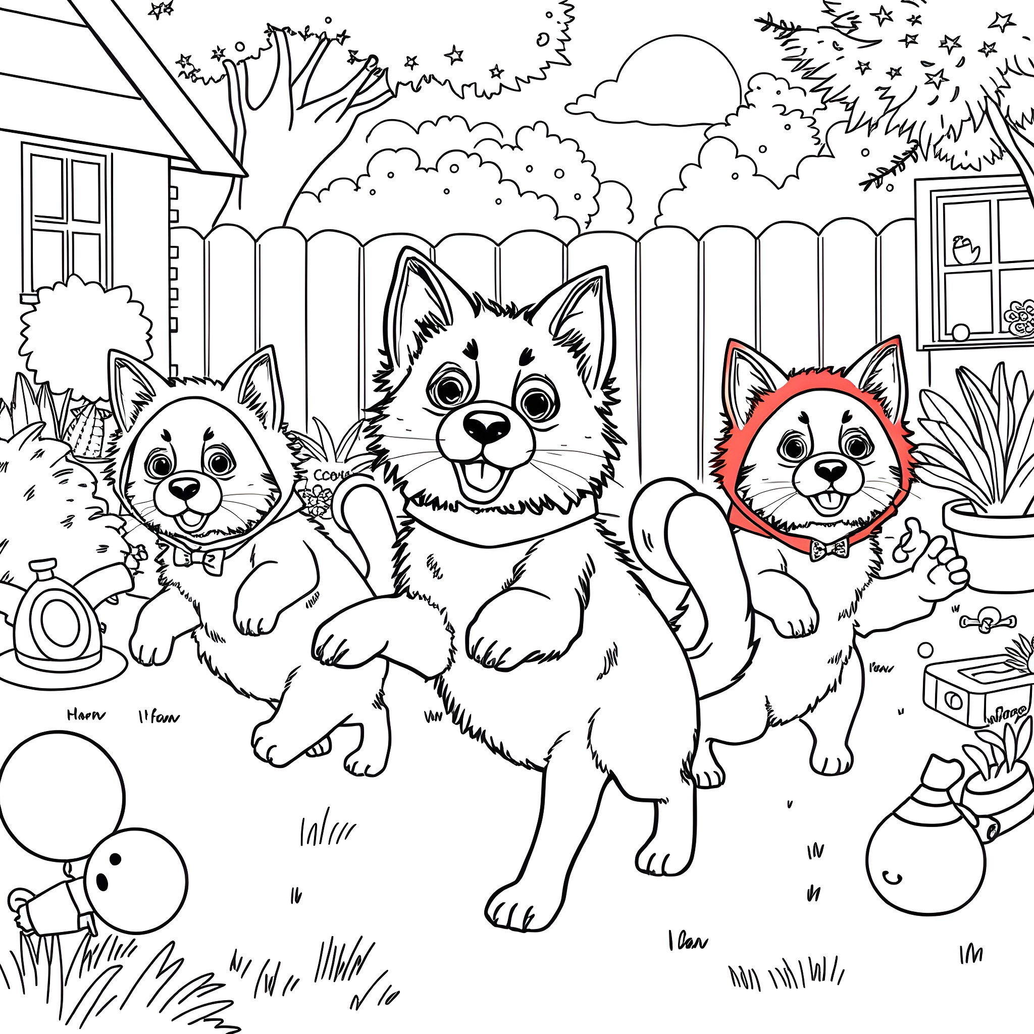 Dog Companions Playing in the Backyard Coloring Page (free black-and-white line drawing printable PDF for all, from beginners to advanced learners, including children, teens, adults, and seniors)