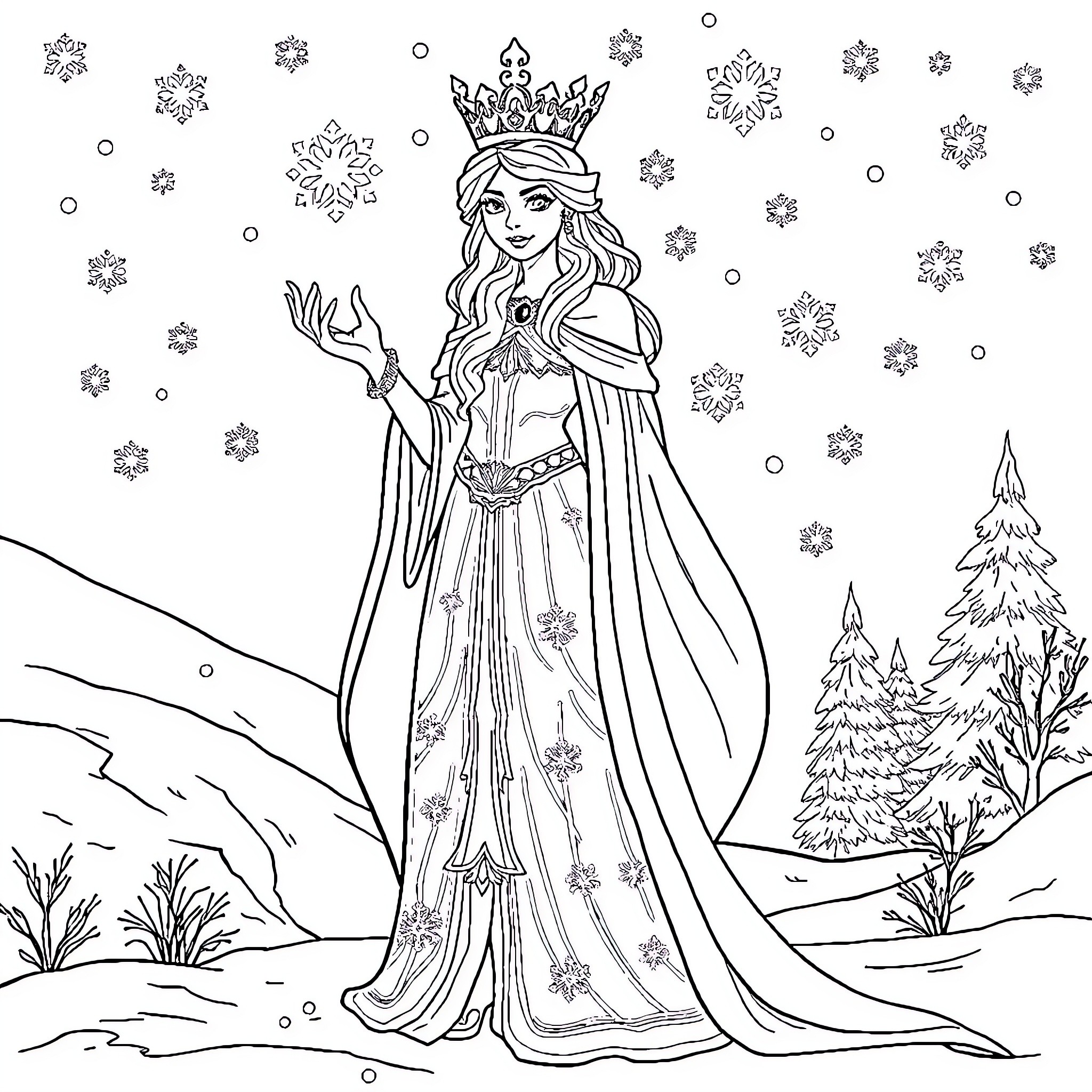 Snow Queen in Majestic Winter Wonderland Coloring Page (free black-and-white line drawing printable PDF for all, from beginners to advanced learners, including children, teens, adults, and seniors)