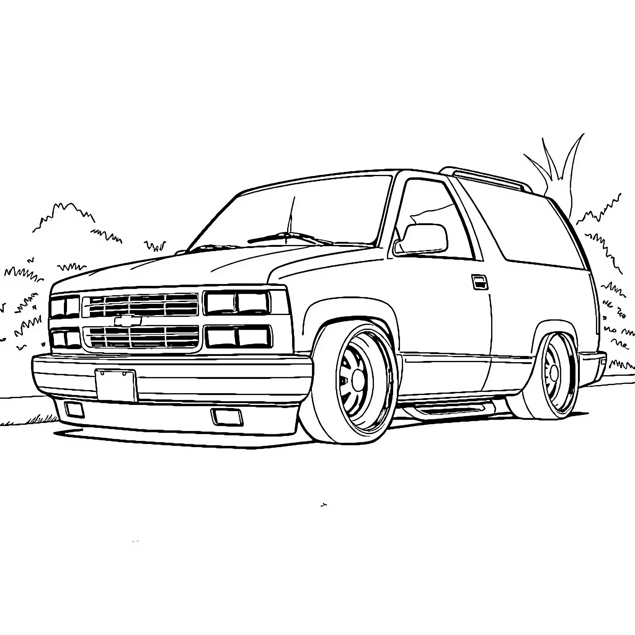 Tahoe Suburban SUV in Outdoor Scene Coloring Page (free black-and-white line drawing printable PDF for all, from beginners to advanced learners, including children, teens, adults, and seniors)