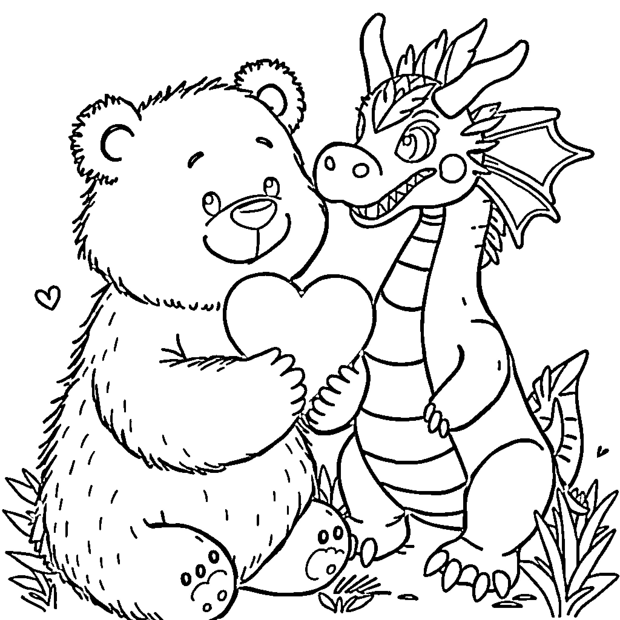 Bear and Dragon Playing Together Happily Coloring Page (free black-and-white line drawing printable PDF for all, from beginners to advanced learners, including children, teens, adults, and seniors)