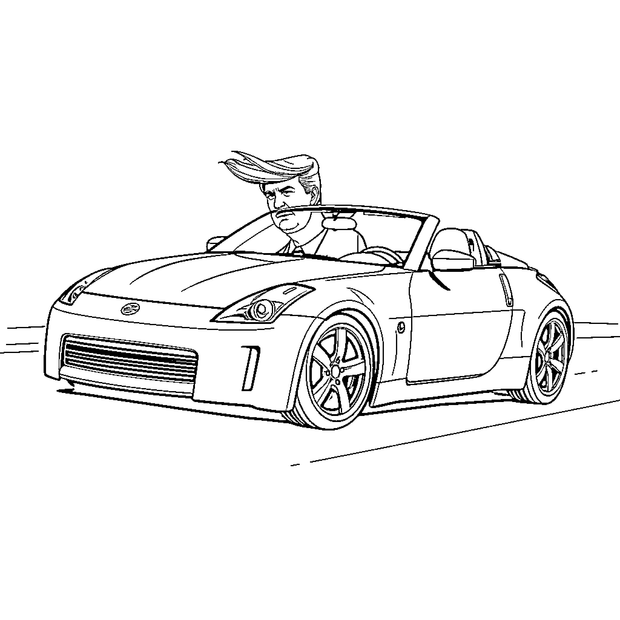 350z convertible with driver enjoying the ride Coloring Page (free black-and-white line drawing printable PDF for all, from beginners to advanced learners, including children, teens, adults, and seniors)