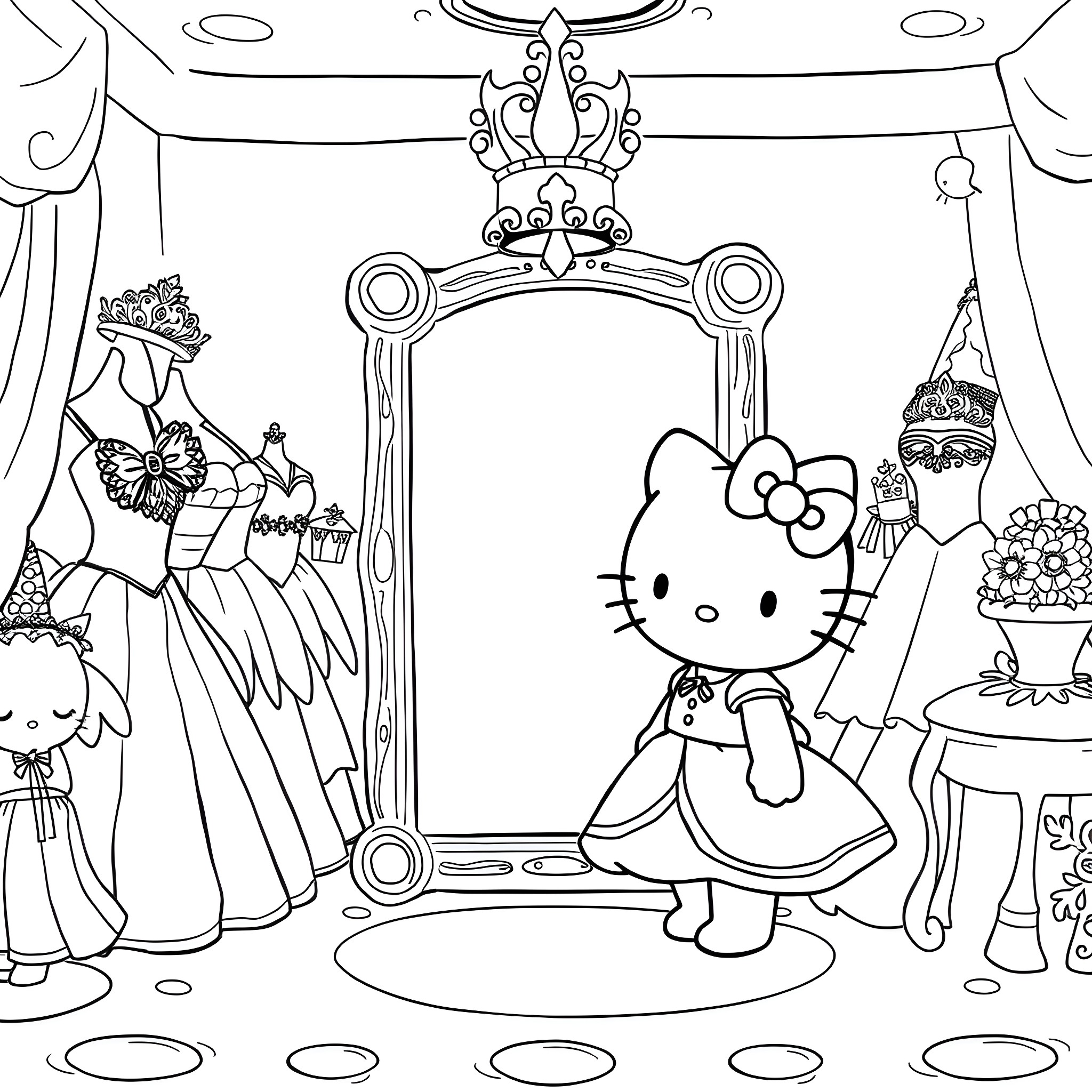 Hello Kitty in a Royal Castle Coloring Page (free black-and-white line drawing printable PDF for all, from beginners to advanced learners, including children, teens, adults, and seniors)