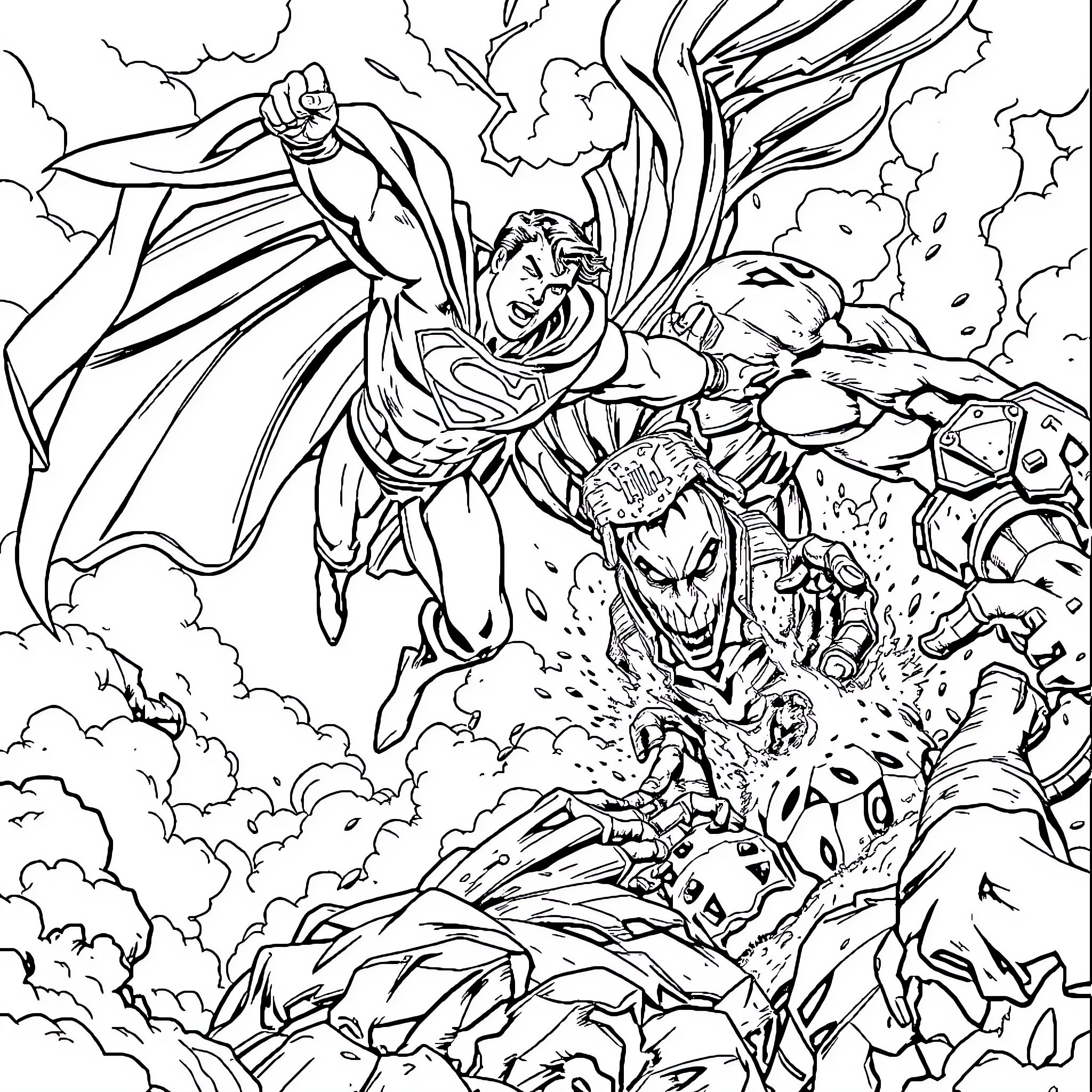 Superman's heroic battle against villainous forces Coloring Page (free black-and-white line drawing printable PDF for all, from beginners to advanced learners, including children, teens, adults, and seniors)