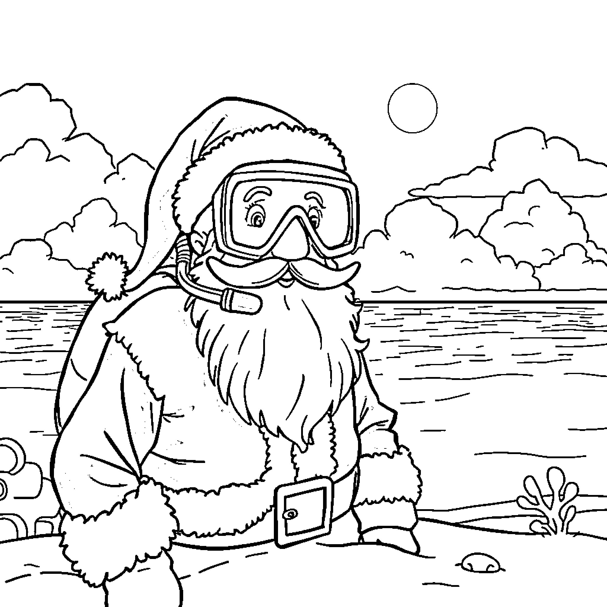 Santa Enjoying Beach Vacation in Snowy Wonderland Coloring Page (free black-and-white line drawing printable PDF for all, from beginners to advanced learners, including children, teens, adults, and seniors)