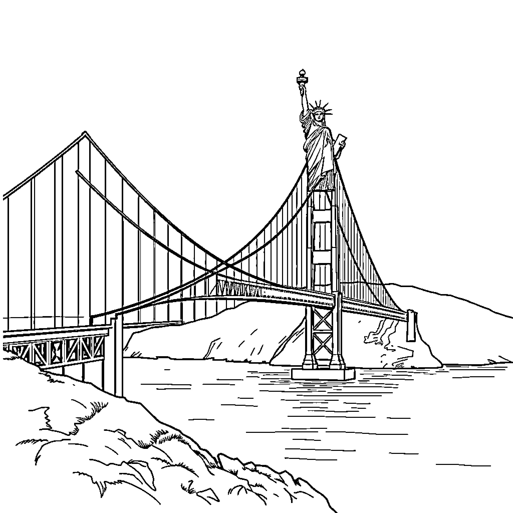 Bridge with Iconic Statue in the Distance Coloring Page (free black-and-white line drawing printable PDF for all, from beginners to advanced learners, including children, teens, adults, and seniors)