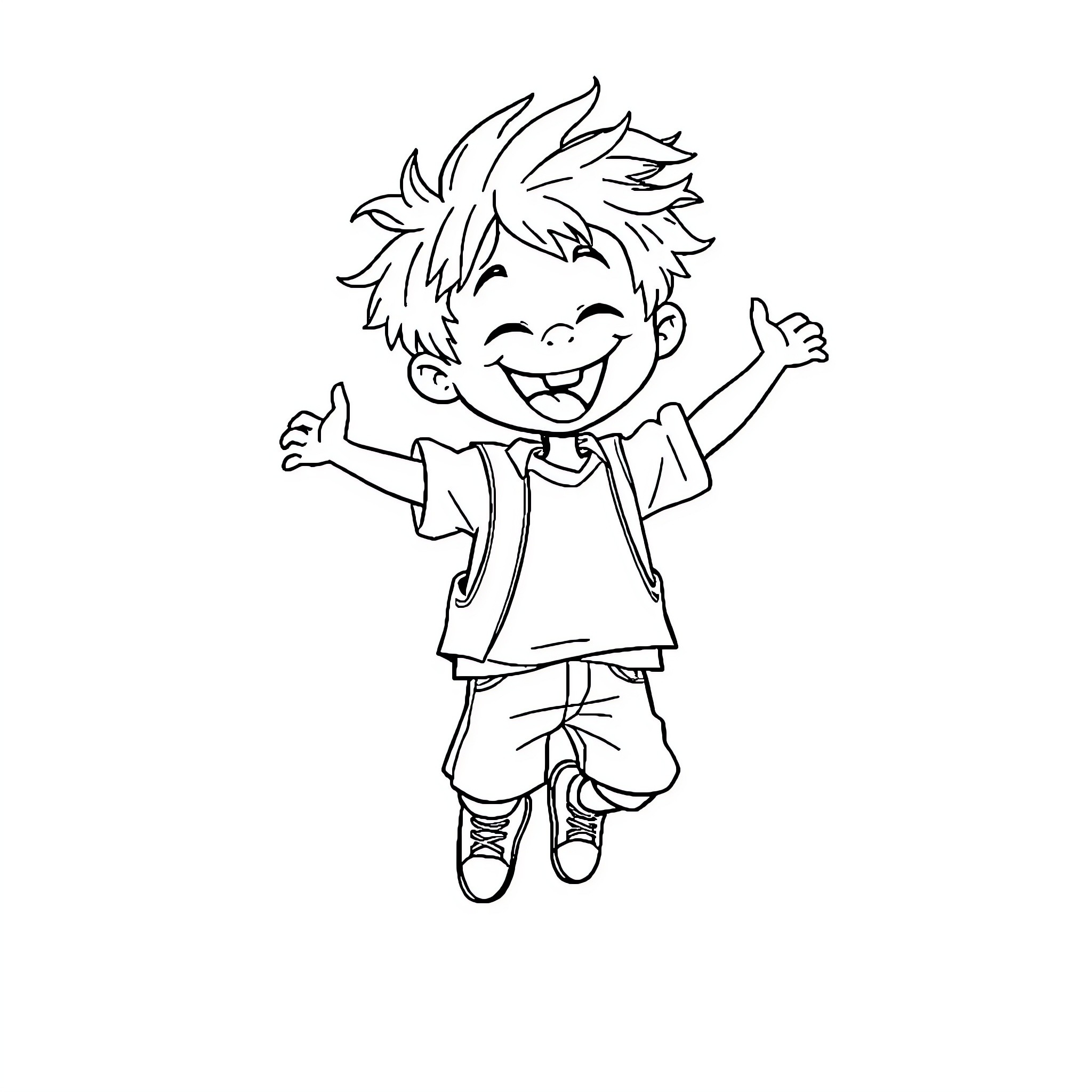 Boy jumping with joy and excitement Coloring Page (free black-and-white line drawing printable PDF for all, from beginners to advanced learners, including children, teens, adults, and seniors)