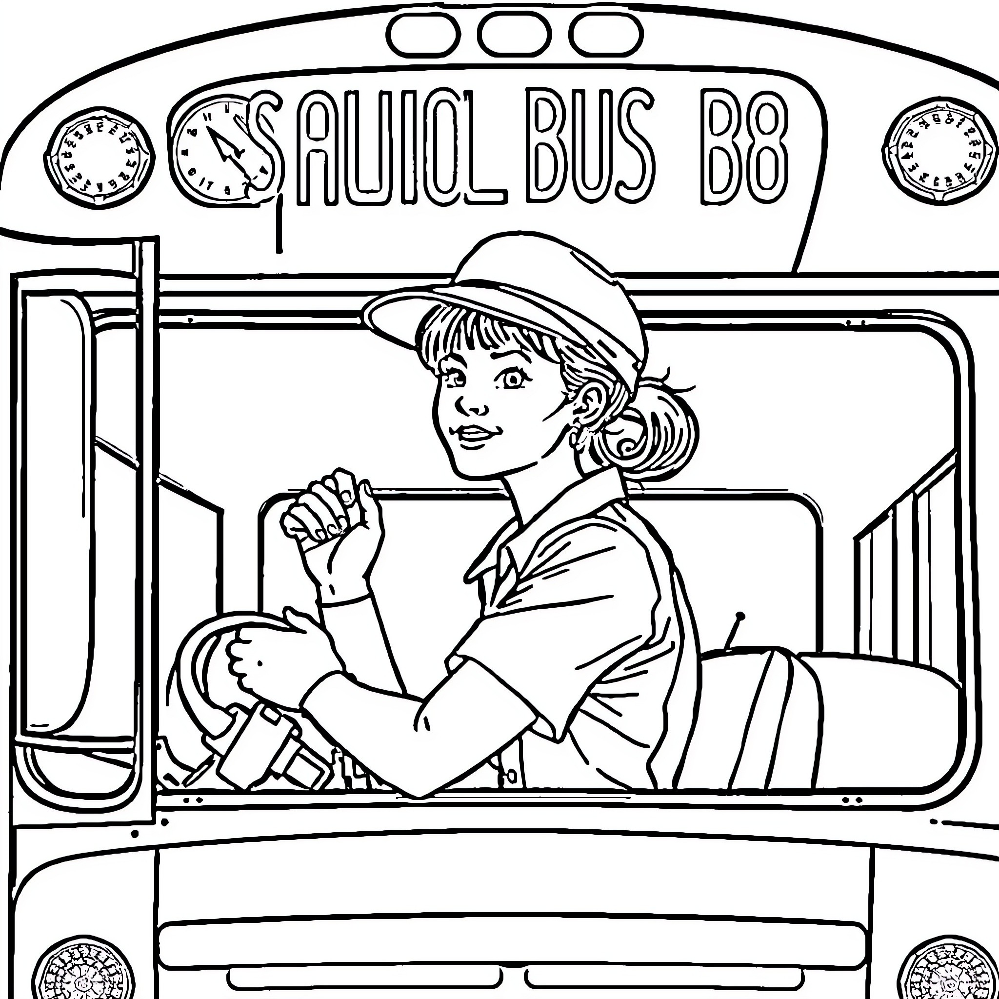 Woman driving a school bus Coloring Page (free black-and-white line drawing printable PDF for all, from beginners to advanced learners, including children, teens, adults, and seniors)