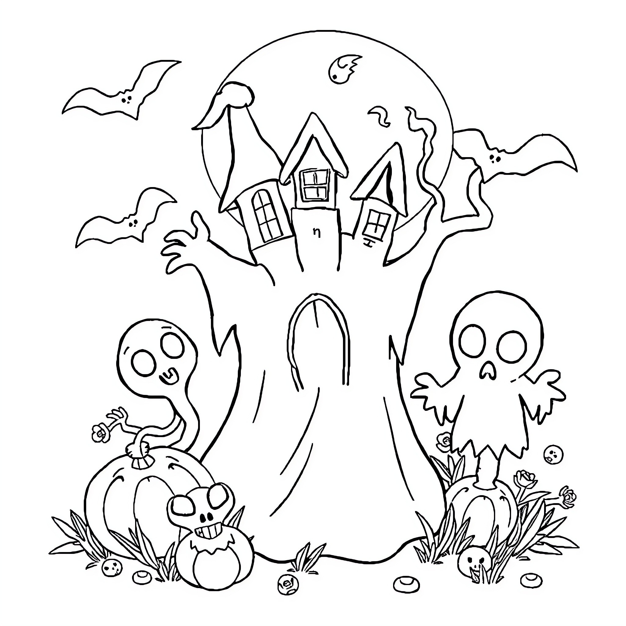 Book of Spooky Halloween Scenes Coloring Page (free black-and-white line drawing printable PDF for all, from beginners to advanced learners, including children, teens, adults, and seniors)