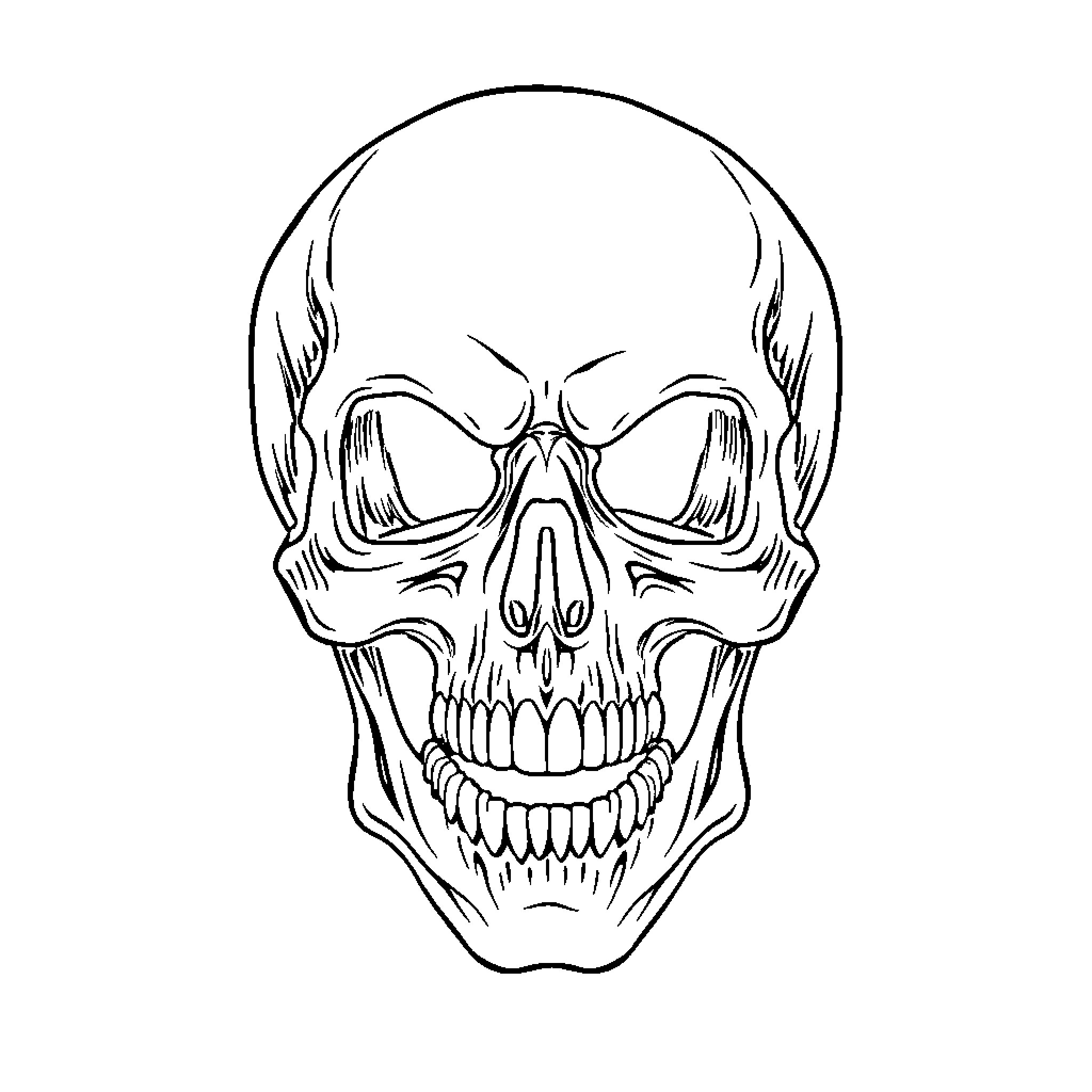 Skull with Sinister Expression Coloring Page (free black-and-white line drawing printable PDF for all, from beginners to advanced learners, including children, teens, adults, and seniors)