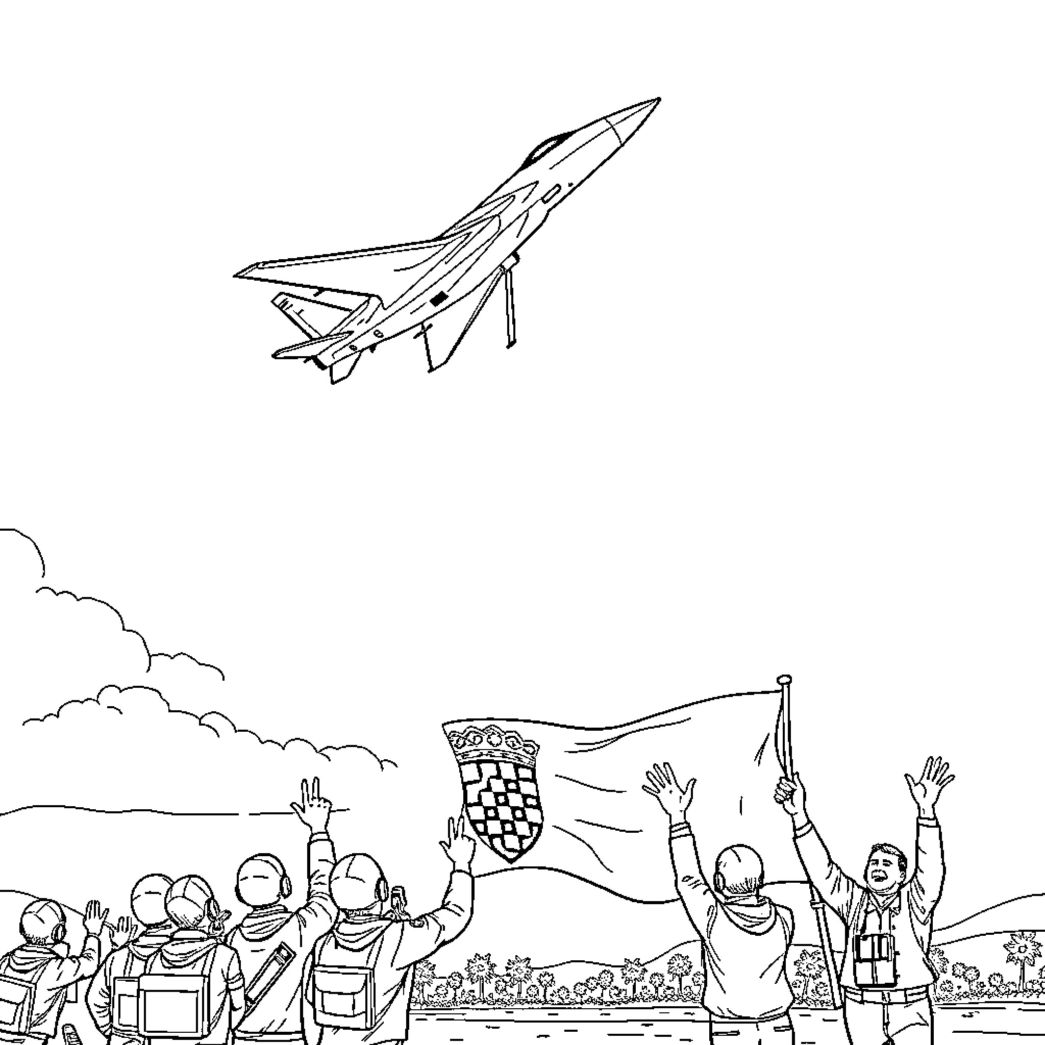 Airplane flying over cheering crowd with flags Coloring Page (free black-and-white line drawing printable PDF for all, from beginners to advanced learners, including children, teens, adults, and seniors)