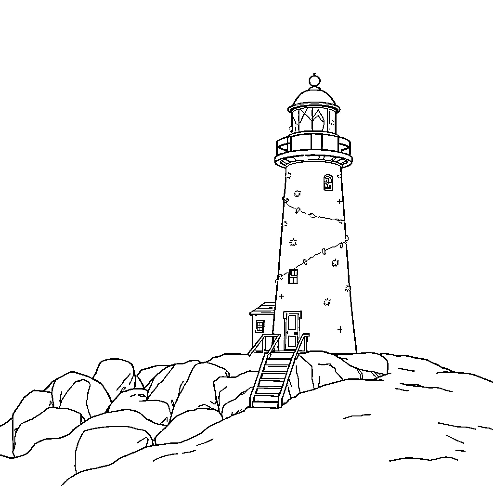 Lighthouse overlooking rocky coastline Coloring Page (free black-and-white line drawing printable PDF for all, from beginners to advanced learners, including children, teens, adults, and seniors)