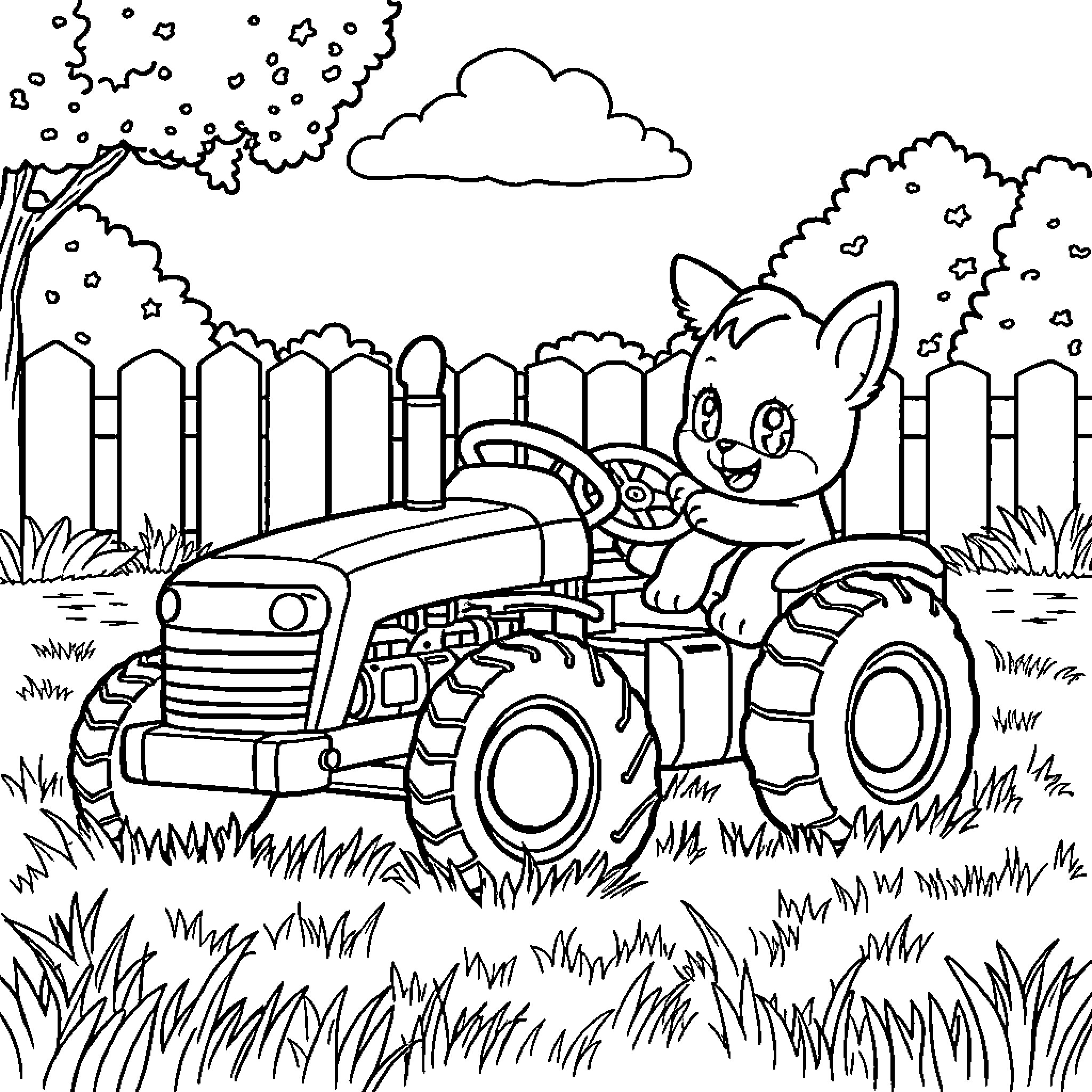 Bingo driving a tractor in a sunny garden Coloring Page (free black-and-white line drawing printable PDF for all, from beginners to advanced learners, including children, teens, adults, and seniors)