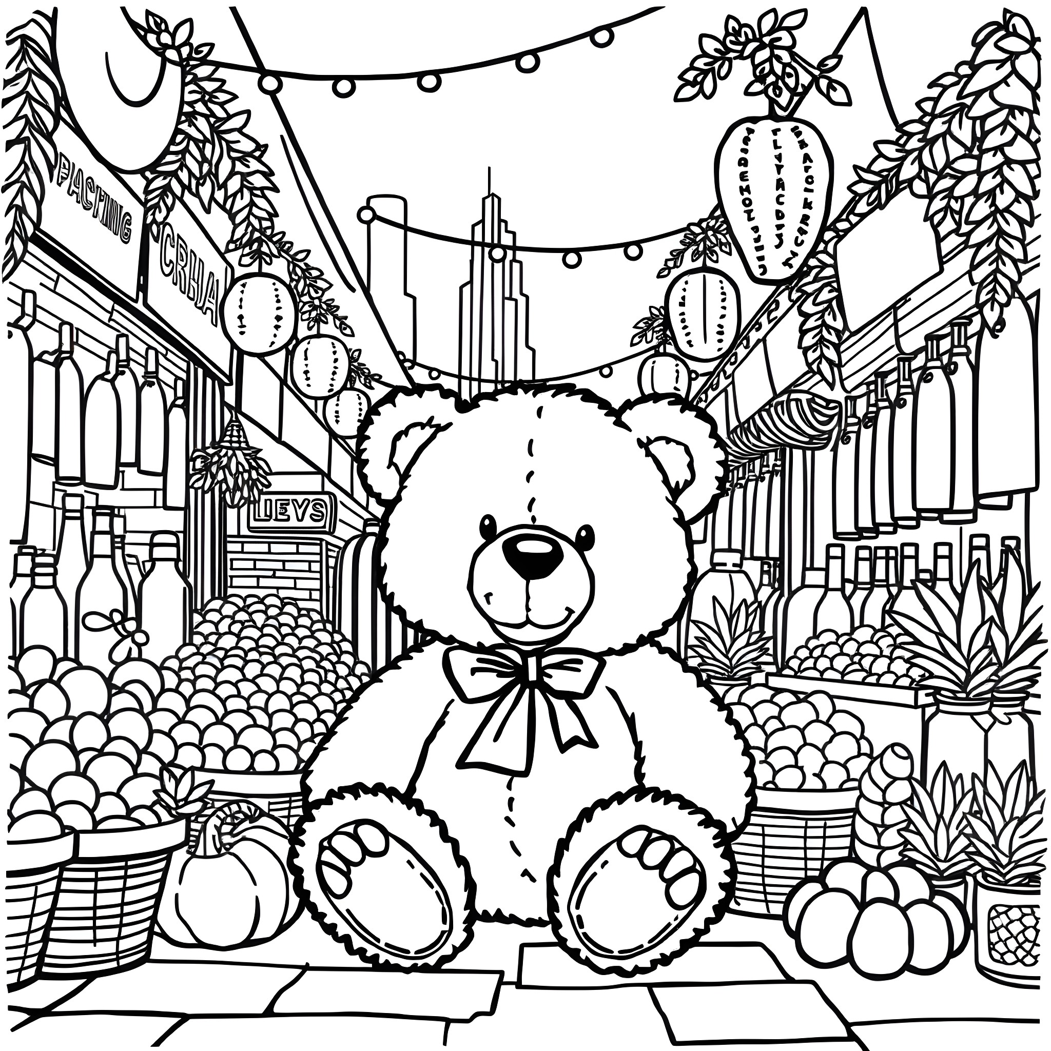 Teddy Bear Enjoying a Festive Market Scene Coloring Page (free black-and-white line drawing printable PDF for all, from beginners to advanced learners, including children, teens, adults, and seniors)