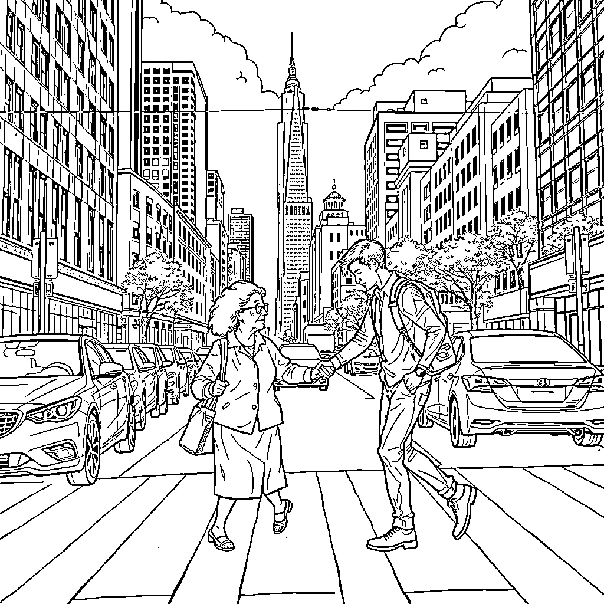 Guy walking on city street with skyscrapers Coloring Page (free black-and-white line drawing printable PDF for all, from beginners to advanced learners, including children, teens, adults, and seniors)