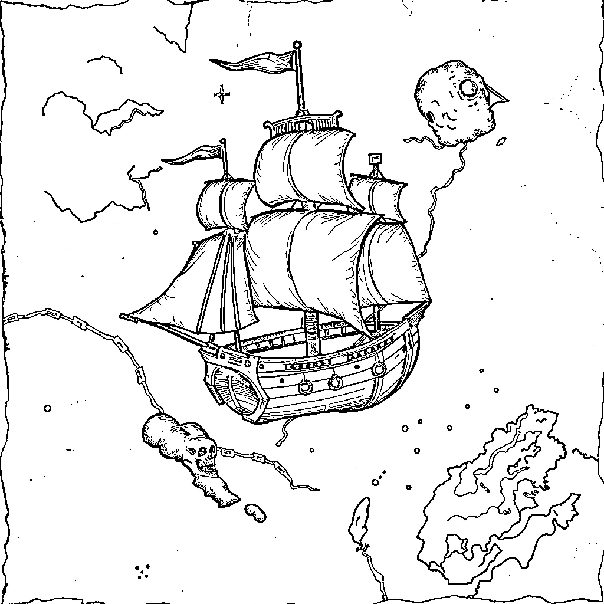 Treasure Map: Sailing Ship Adventure on the High Seas Coloring Page (free black-and-white line drawing printable PDF for all, from beginners to advanced learners, including children, teens, adults, and seniors)