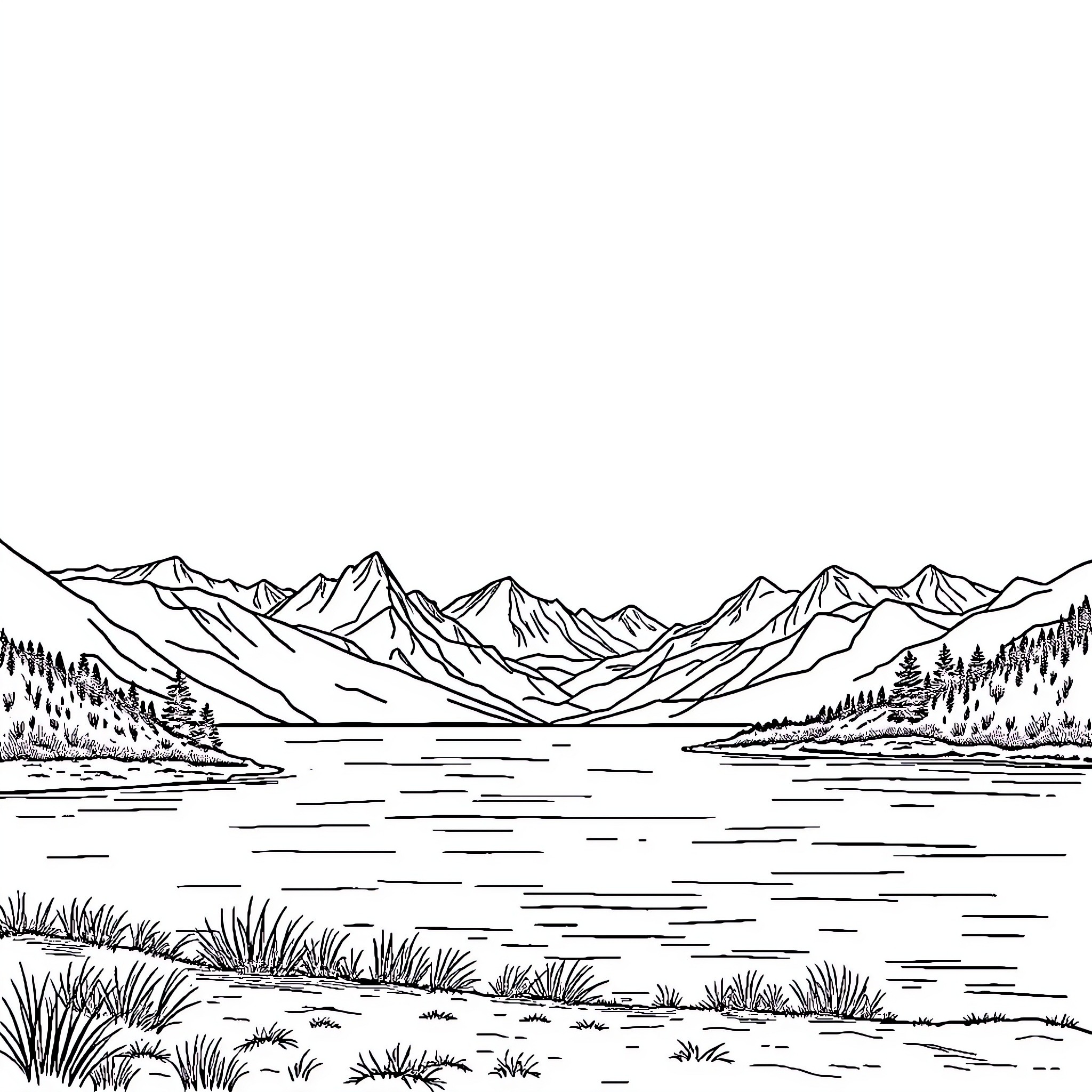 Landscape of majestic mountains and serene lake Coloring Page (free black-and-white line drawing printable PDF for all, from beginners to advanced learners, including children, teens, adults, and seniors)