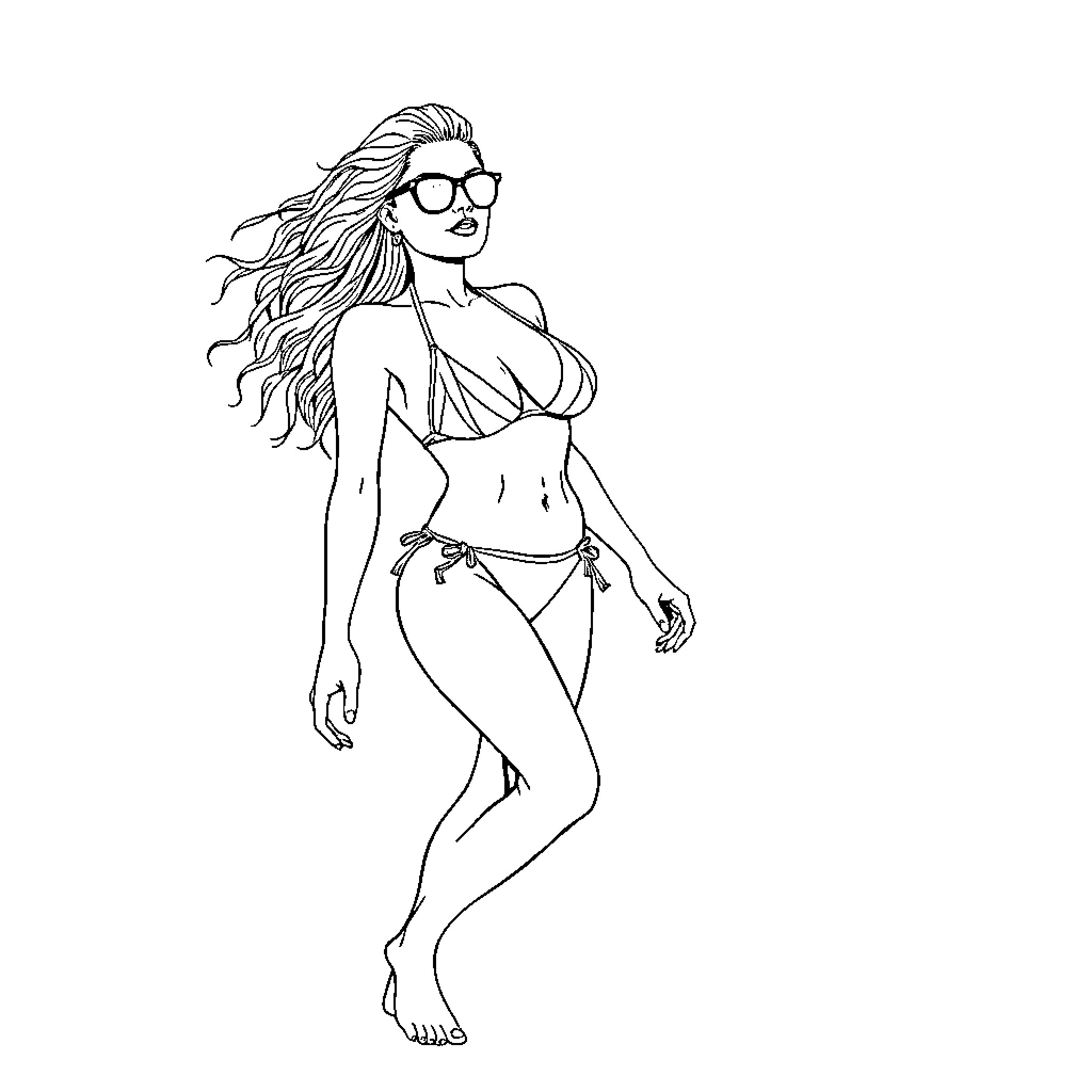 Woman in Stylish Swimsuit and Sunglasses Coloring Page (free black-and-white line drawing printable PDF for all, from beginners to advanced learners, including children, teens, adults, and seniors)