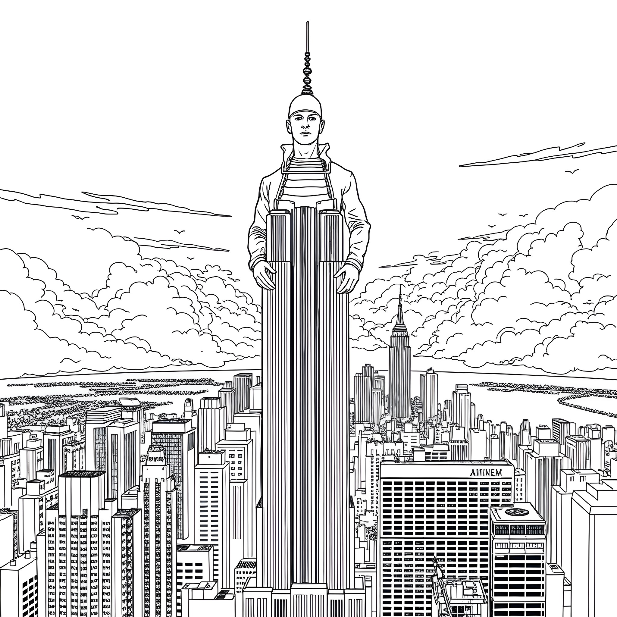 Eminem standing tall among the city skyscrapers Coloring Page (free black-and-white line drawing printable PDF for all, from beginners to advanced learners, including children, teens, adults, and seniors)