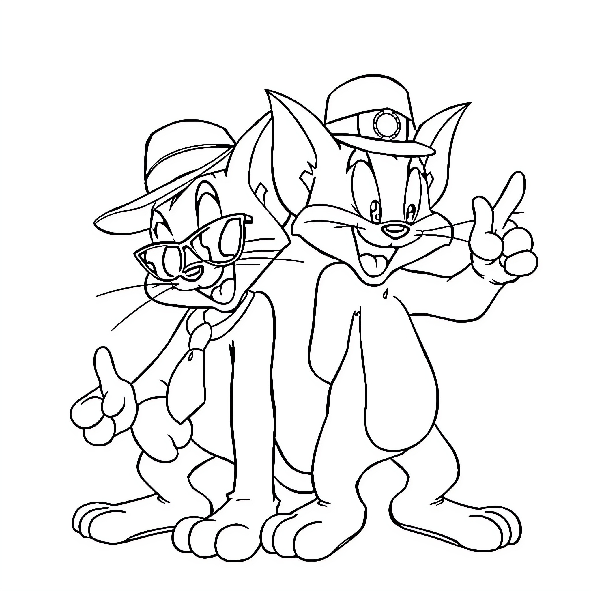 Tom and Jerry doing goofy poses together Coloring Page (free black-and-white line drawing printable PDF for all, from beginners to advanced learners, including children, teens, adults, and seniors)