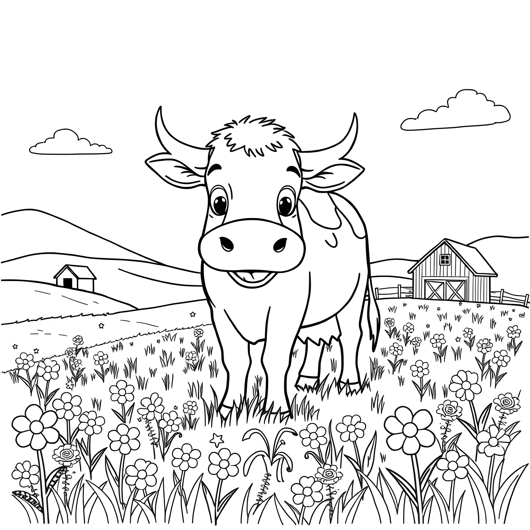 Cow standing happily in a flower-filled field Coloring Page (free black-and-white line drawing printable PDF for all, from beginners to advanced learners, including children, teens, adults, and seniors)