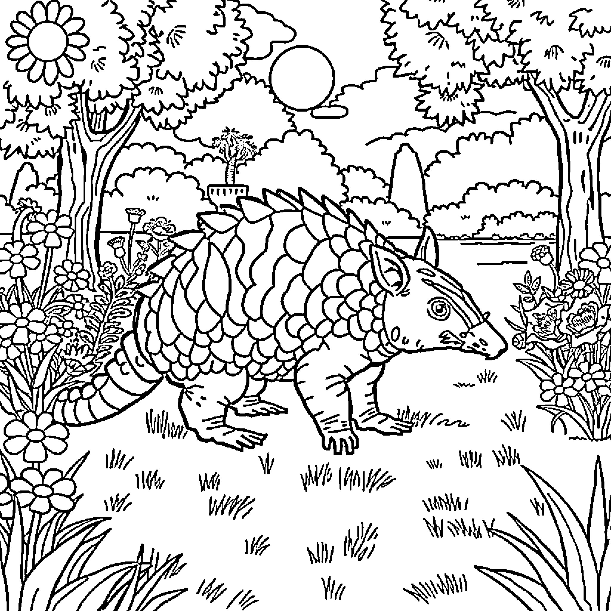 Armadillo exploring a vibrant garden Coloring Page (free black-and-white line drawing printable PDF for all, from beginners to advanced learners, including children, teens, adults, and seniors)