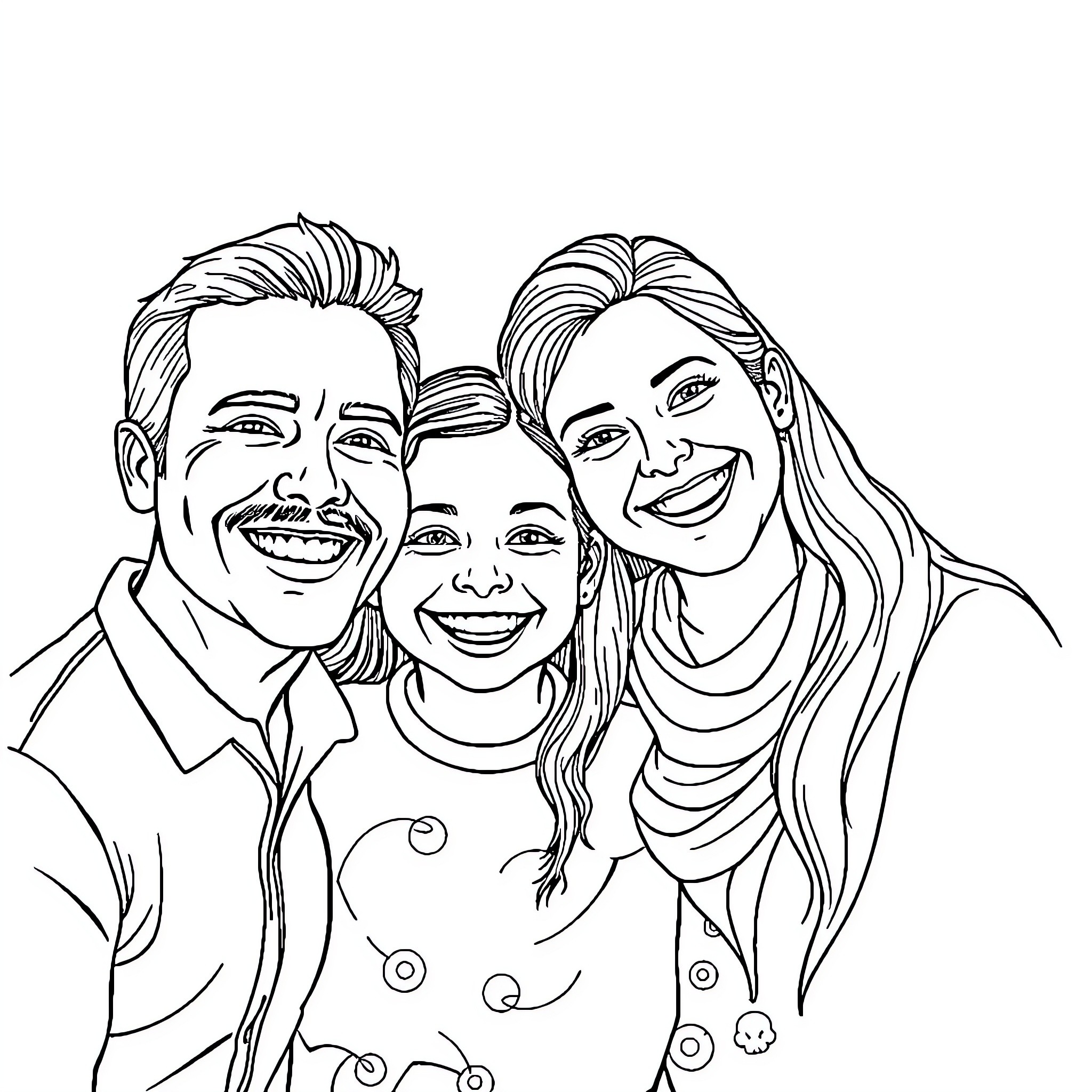 Photo of a happy family portrait Coloring Page (free black-and-white line drawing printable PDF for all, from beginners to advanced learners, including children, teens, adults, and seniors)
