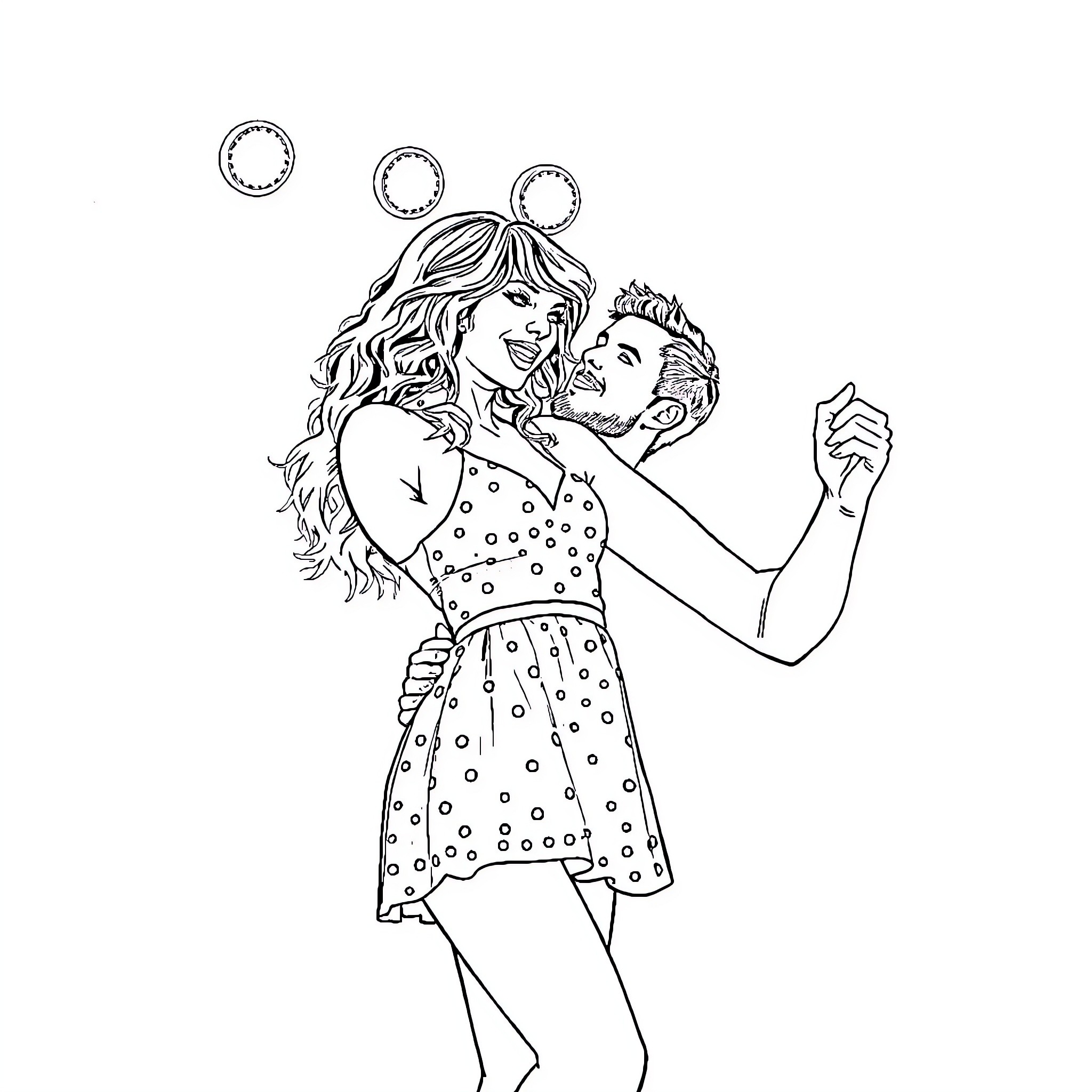 Taylor Swift playfully dancing with bubbles Coloring Page (free black-and-white line drawing printable PDF for all, from beginners to advanced learners, including children, teens, adults, and seniors)