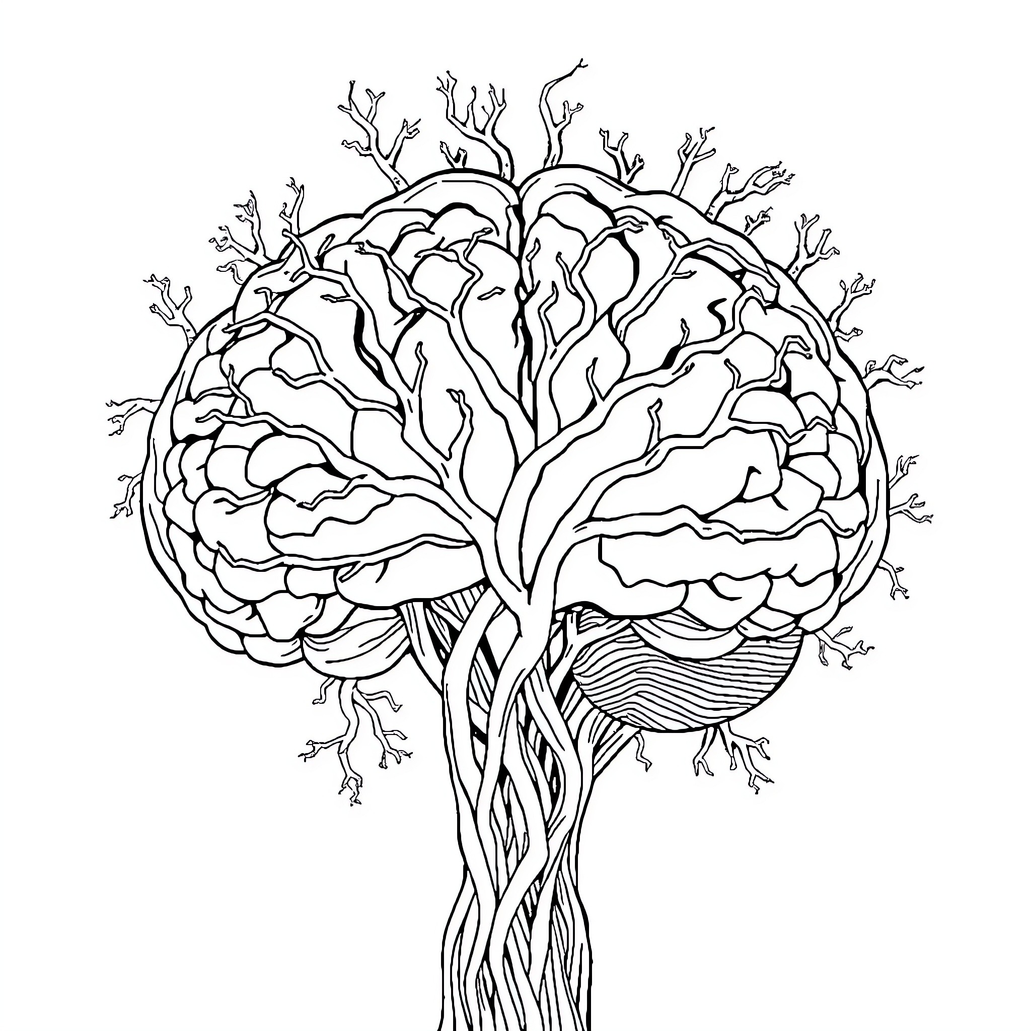 Brain Anatomy Tree with Intricate Branches Coloring Page (free black-and-white line drawing printable PDF for all, from beginners to advanced learners, including children, teens, adults, and seniors)