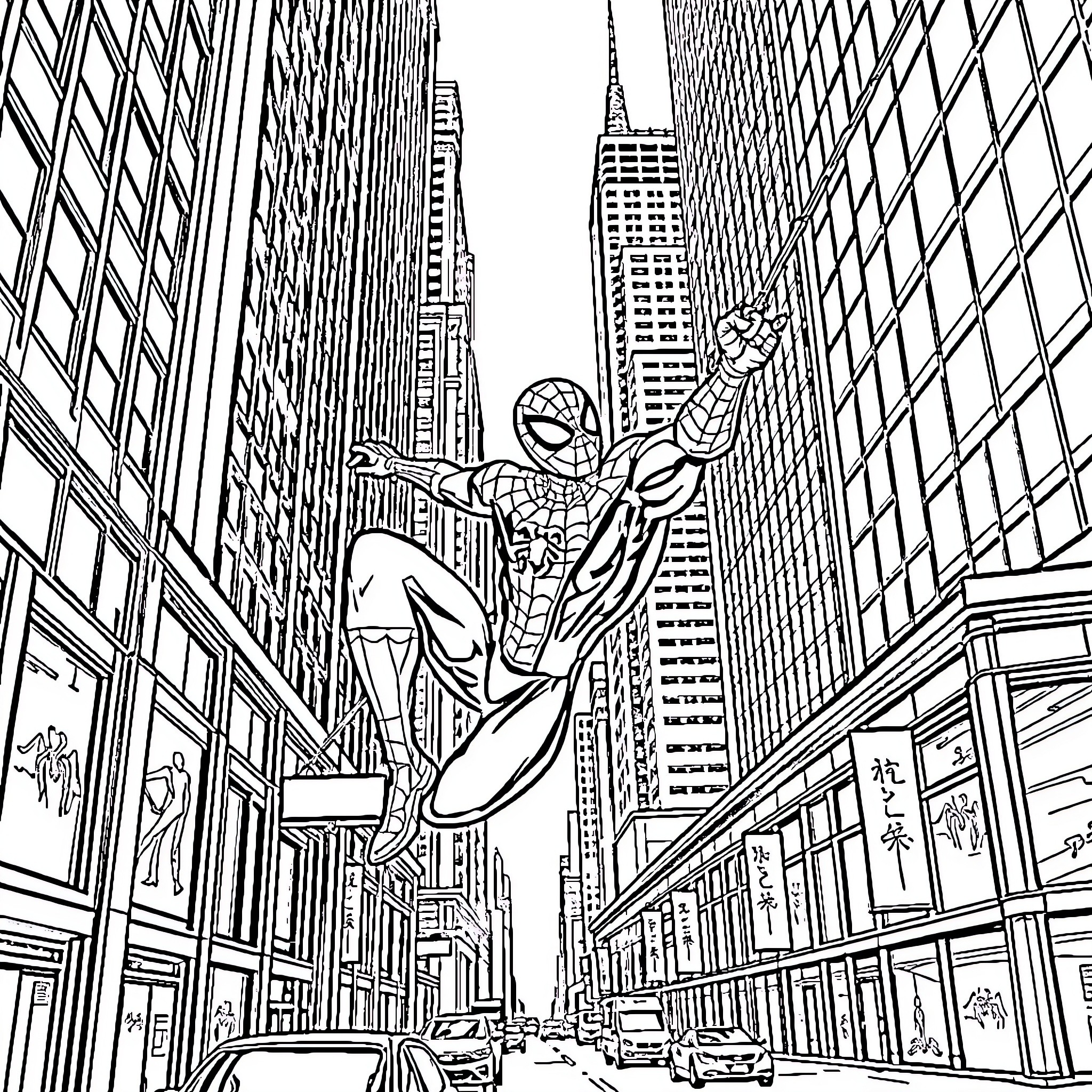Spider-Man swinging through the city skyline Coloring Page (free black-and-white line drawing printable PDF for all, from beginners to advanced learners, including children, teens, adults, and seniors)