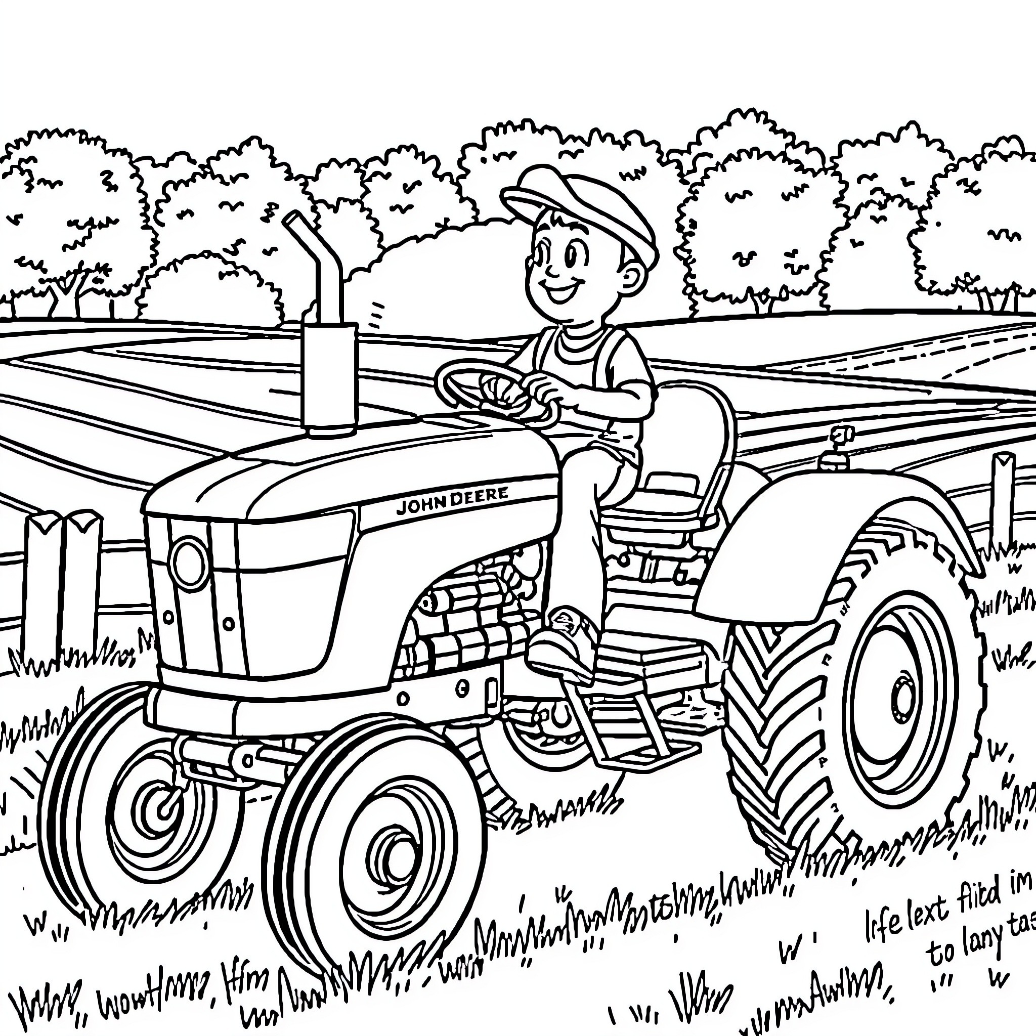 John Deere Tractor Operator Happily Plowing the Field Coloring Page (free black-and-white line drawing printable PDF for all, from beginners to advanced learners, including children, teens, adults, and seniors)