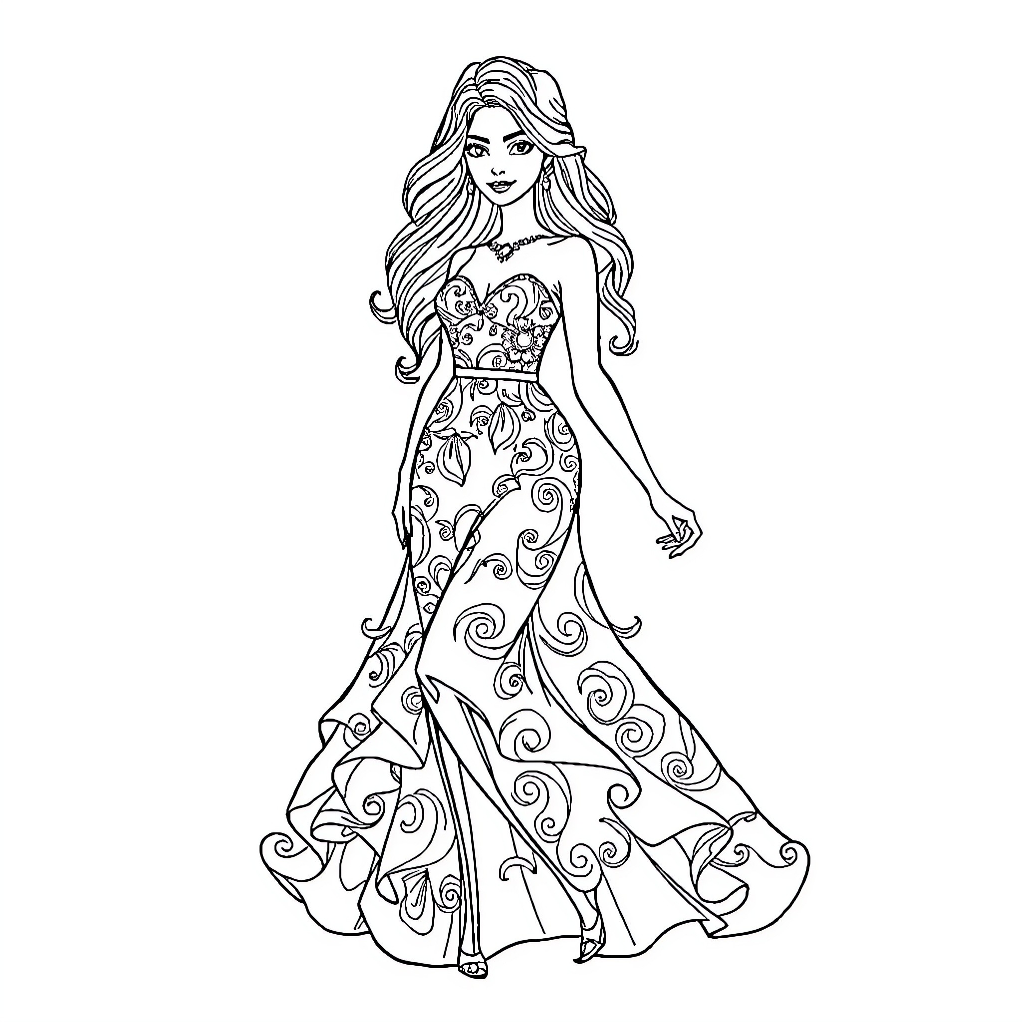 Princess in Elegant Gown with Flowing Sleeves Coloring Page (free black-and-white line drawing printable PDF for all, from beginners to advanced learners, including children, teens, adults, and seniors)