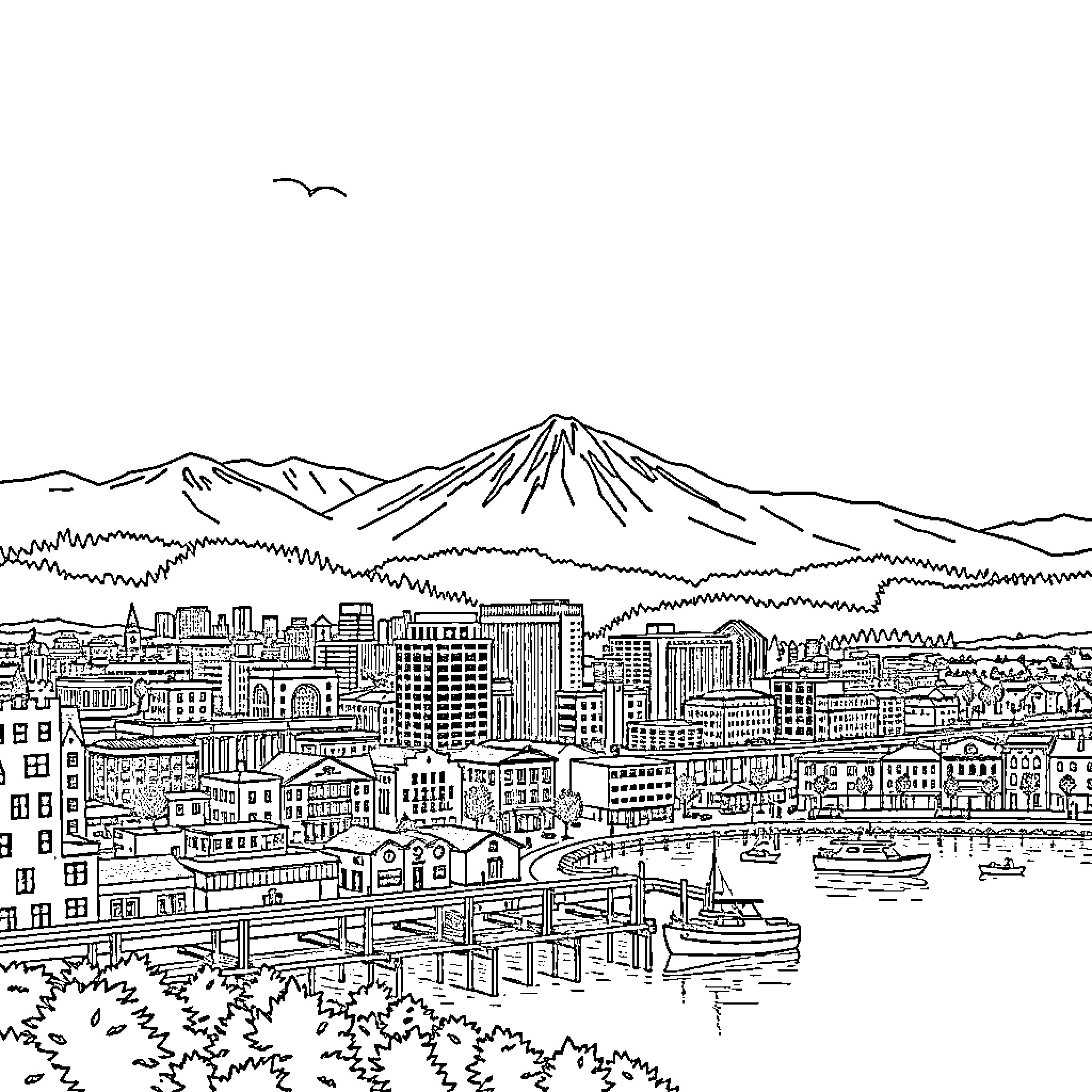 Bellinghan skyline with mountains and boats Coloring Page (free black-and-white line drawing printable PDF for all, from beginners to advanced learners, including children, teens, adults, and seniors)