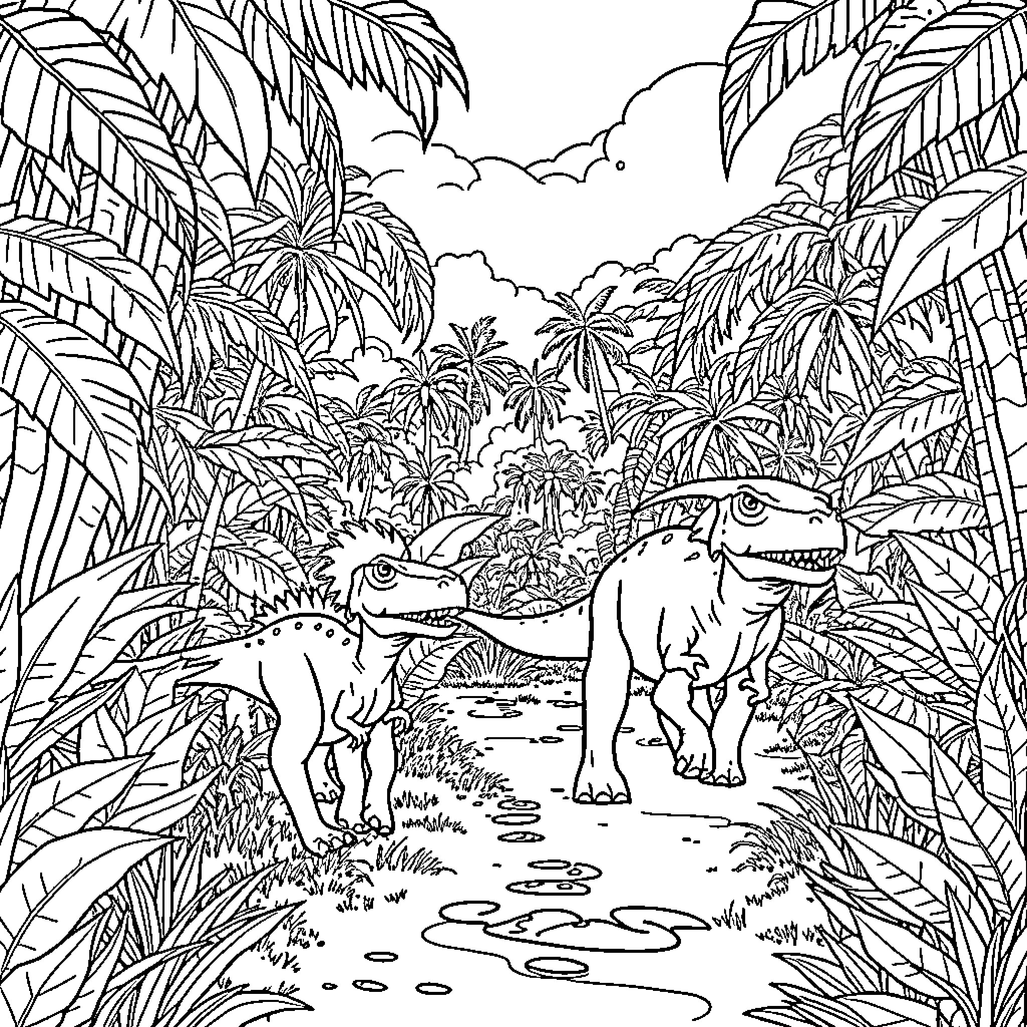 Dinosaurs roaming through the lush jungle landscape Coloring Page (free black-and-white line drawing printable PDF for all, from beginners to advanced learners, including children, teens, adults, and seniors)