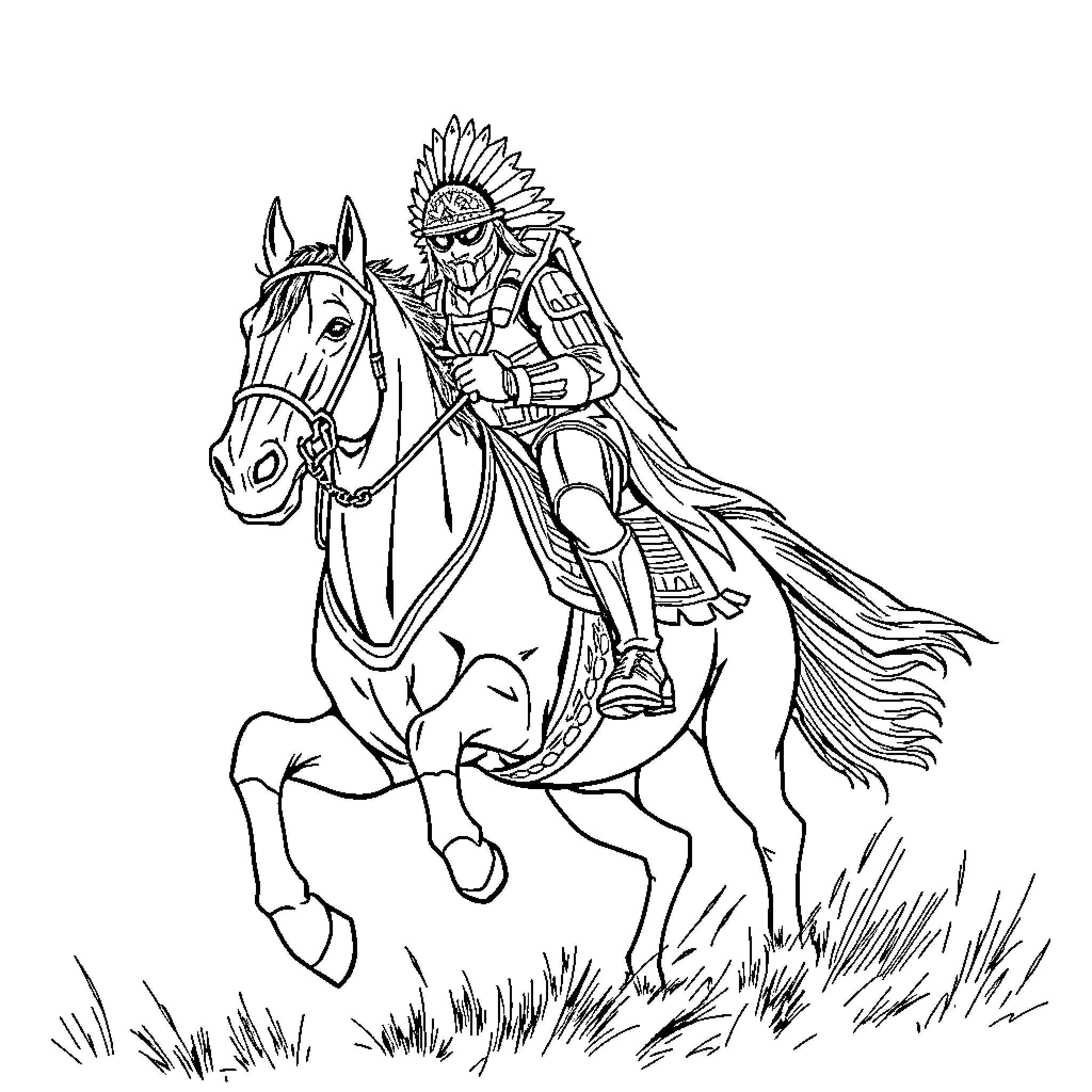 Master Chief riding a horse in warrior attire Coloring Page (free black-and-white line drawing printable PDF for all, from beginners to advanced learners, including children, teens, adults, and seniors)