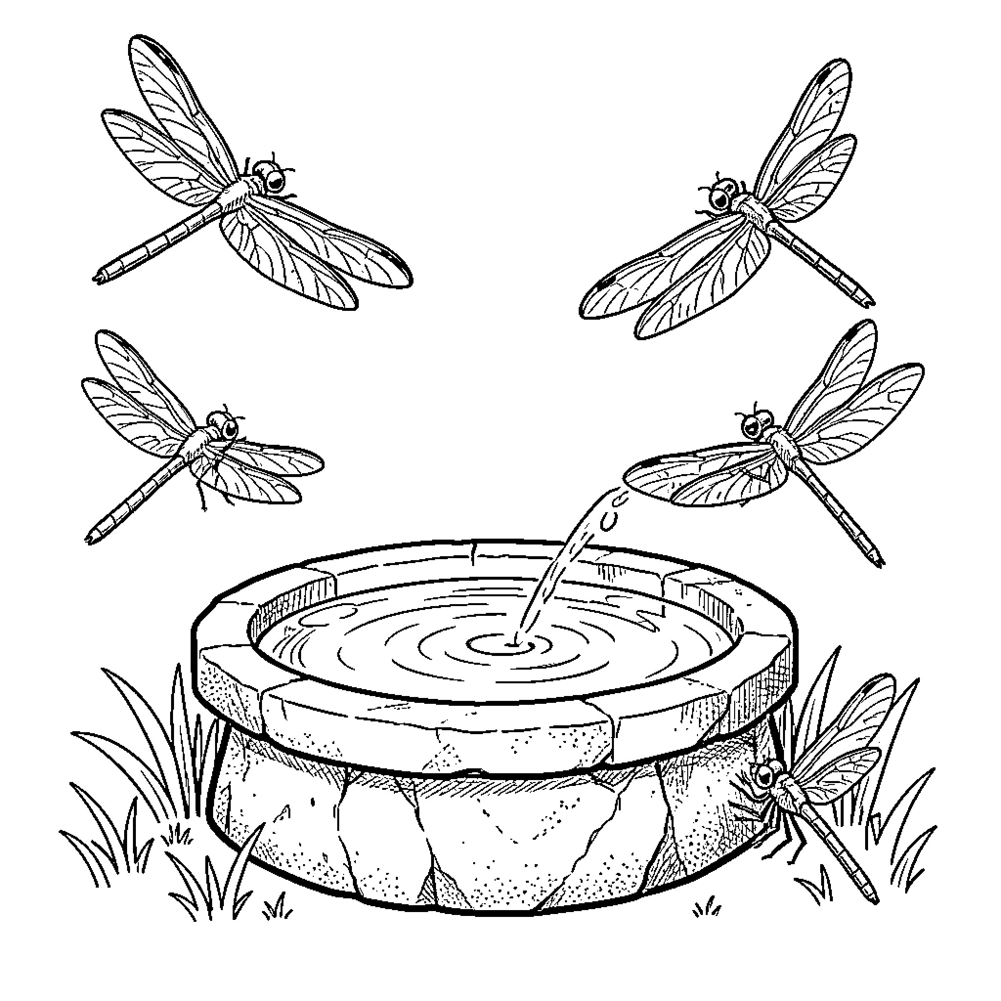 Dragonflies hovering above a serene water fountain Coloring Page (free black-and-white line drawing printable PDF for all, from beginners to advanced learners, including children, teens, adults, and seniors)