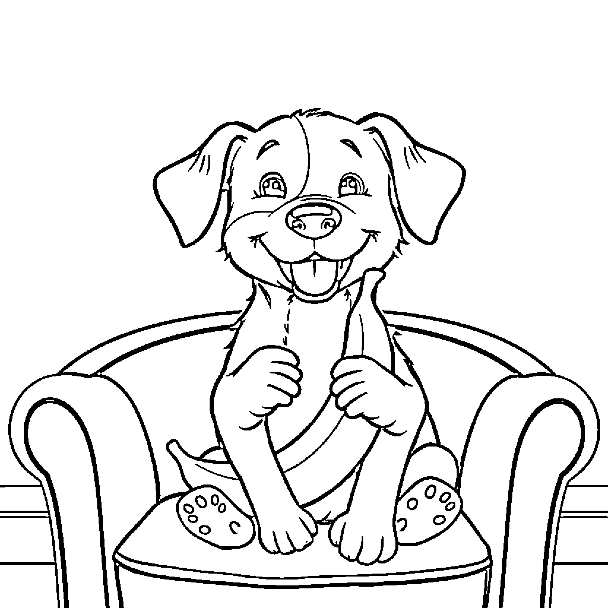 Dog relaxing happily on a chair Coloring Page (free black-and-white line drawing printable PDF for all, from beginners to advanced learners, including children, teens, adults, and seniors)