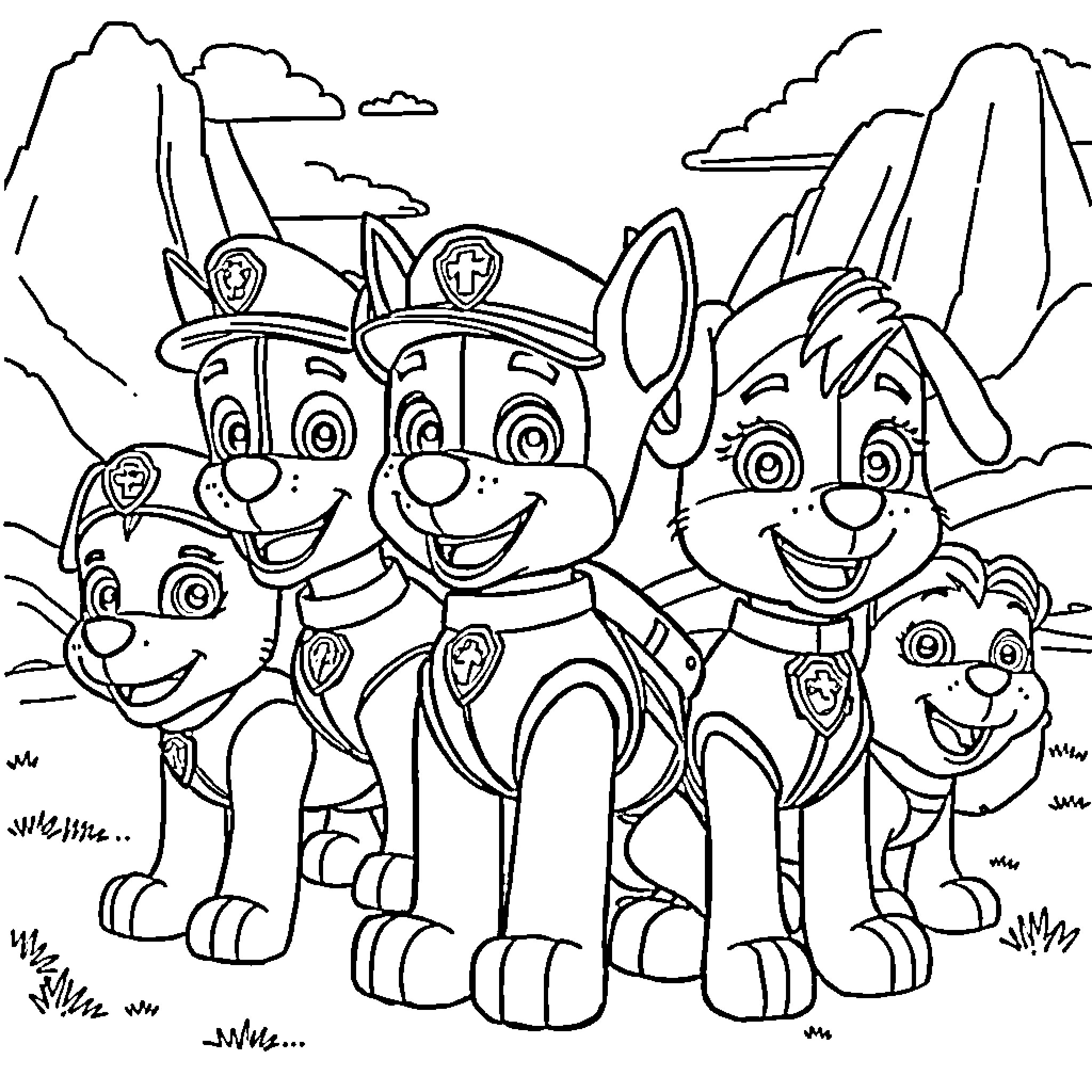 Paw Patrol Puppies Happily Posing Outdoors Coloring Page (free black-and-white line drawing printable PDF for all, from beginners to advanced learners, including children, teens, adults, and seniors)