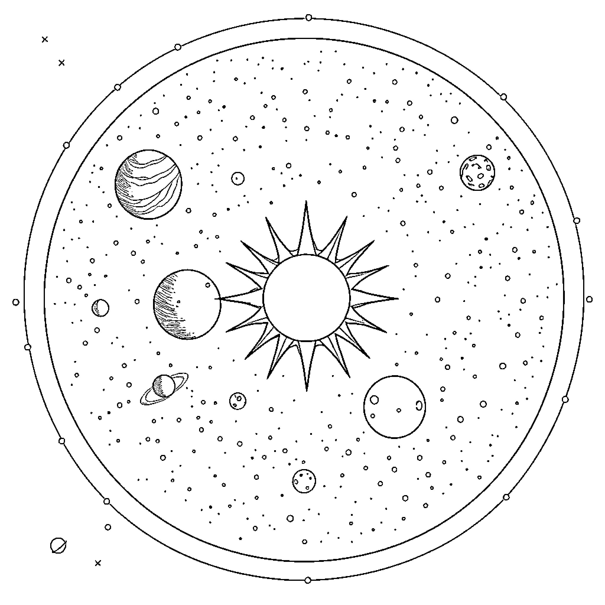 Solar System Exploration through Cosmic Art Coloring Page (free black-and-white line drawing printable PDF for all, from beginners to advanced learners, including children, teens, adults, and seniors)