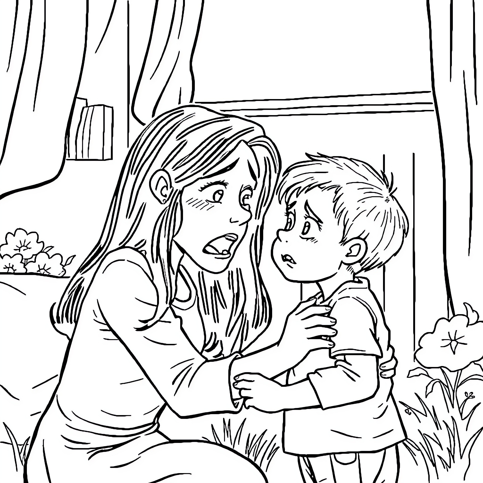 Mommy comforting her child in the garden Coloring Page (free black-and-white line drawing printable PDF for all, from beginners to advanced learners, including children, teens, adults, and seniors)