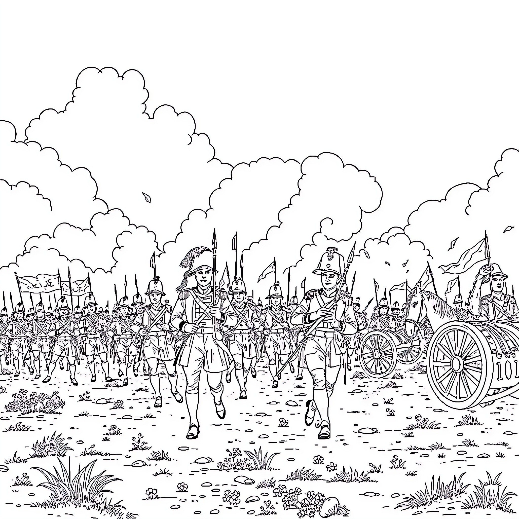 Troop of soldiers marching with weapons and artillery Coloring Page (free black-and-white line drawing printable PDF for all, from beginners to advanced learners, including children, teens, adults, and seniors)