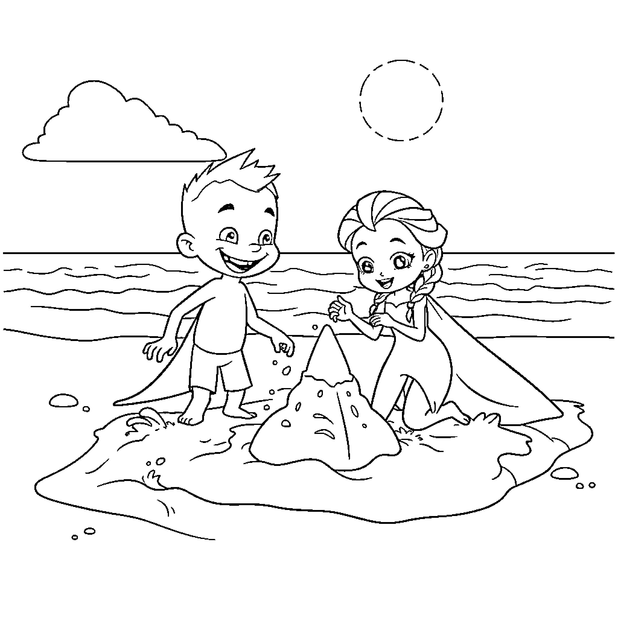 Bluey and friends playing at the beach Coloring Page (free black-and-white line drawing printable PDF for all, from beginners to advanced learners, including children, teens, adults, and seniors)
