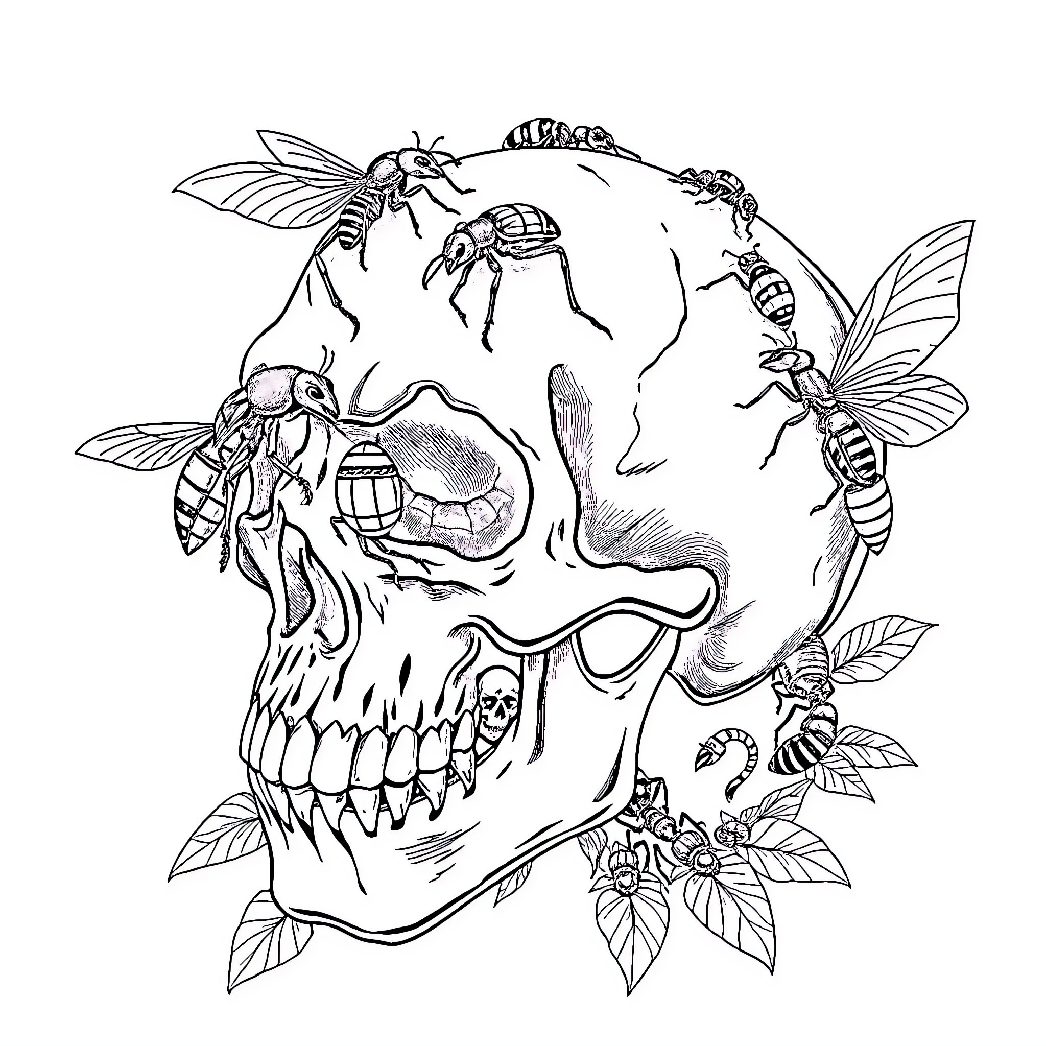 Bug-themed skull with creepy insects Coloring Page (free black-and-white line drawing printable PDF for all, from beginners to advanced learners, including children, teens, adults, and seniors)