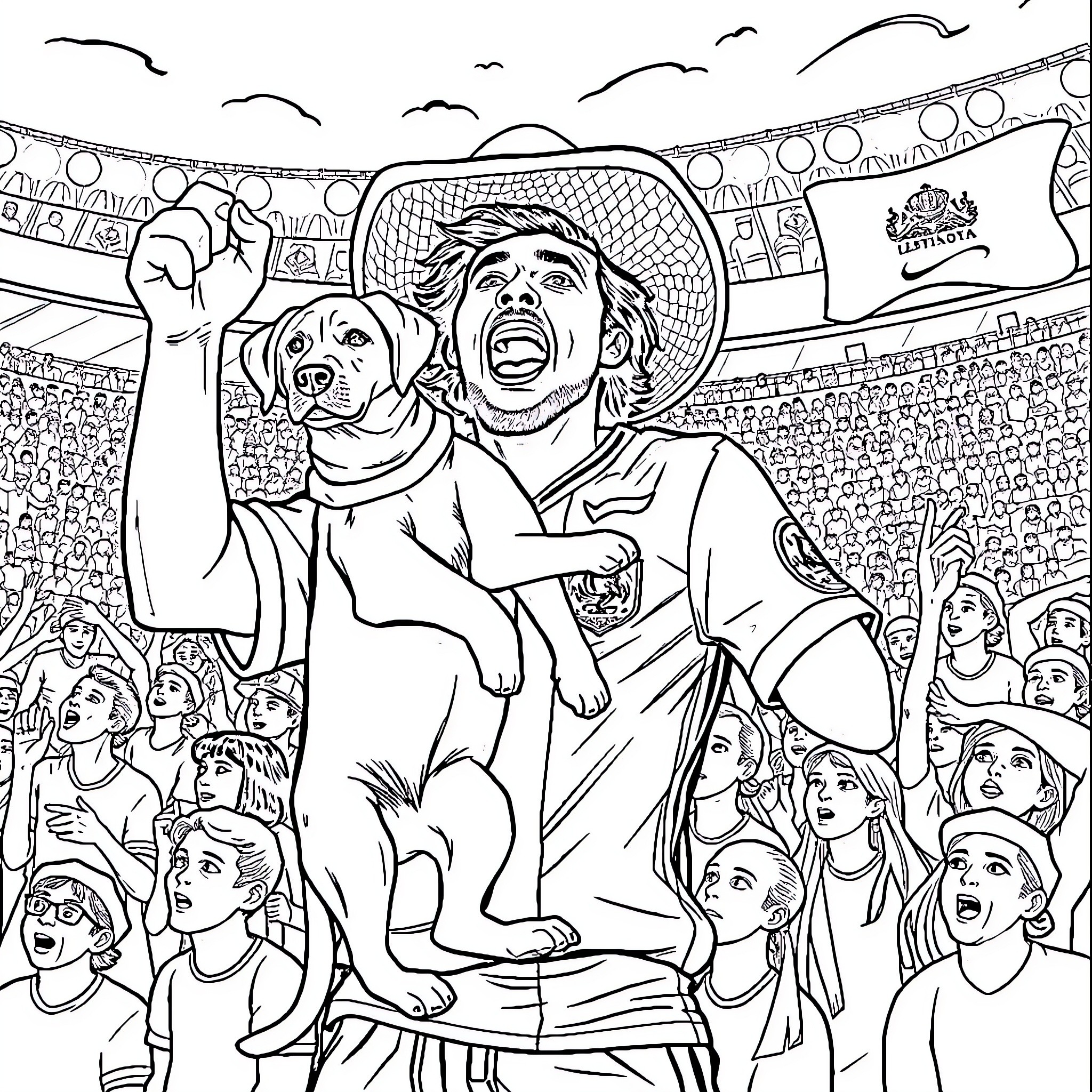 Soccer Fan Celebrates Victory with Loyal Companion Coloring Page (free black-and-white line drawing printable PDF for all, from beginners to advanced learners, including children, teens, adults, and seniors)