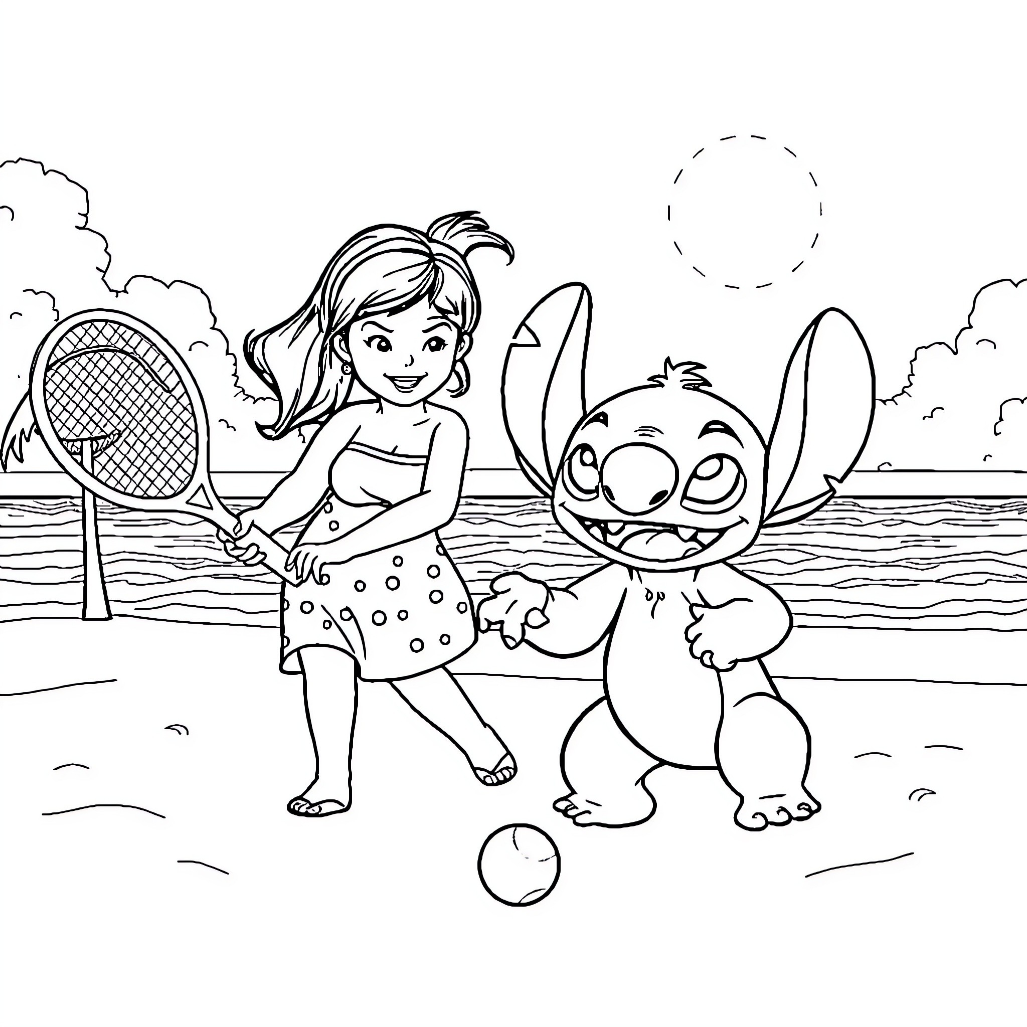Lilo And Stitch Playing at the Beach Coloring Page (free black-and-white line drawing printable PDF for all, from beginners to advanced learners, including children, teens, adults, and seniors)